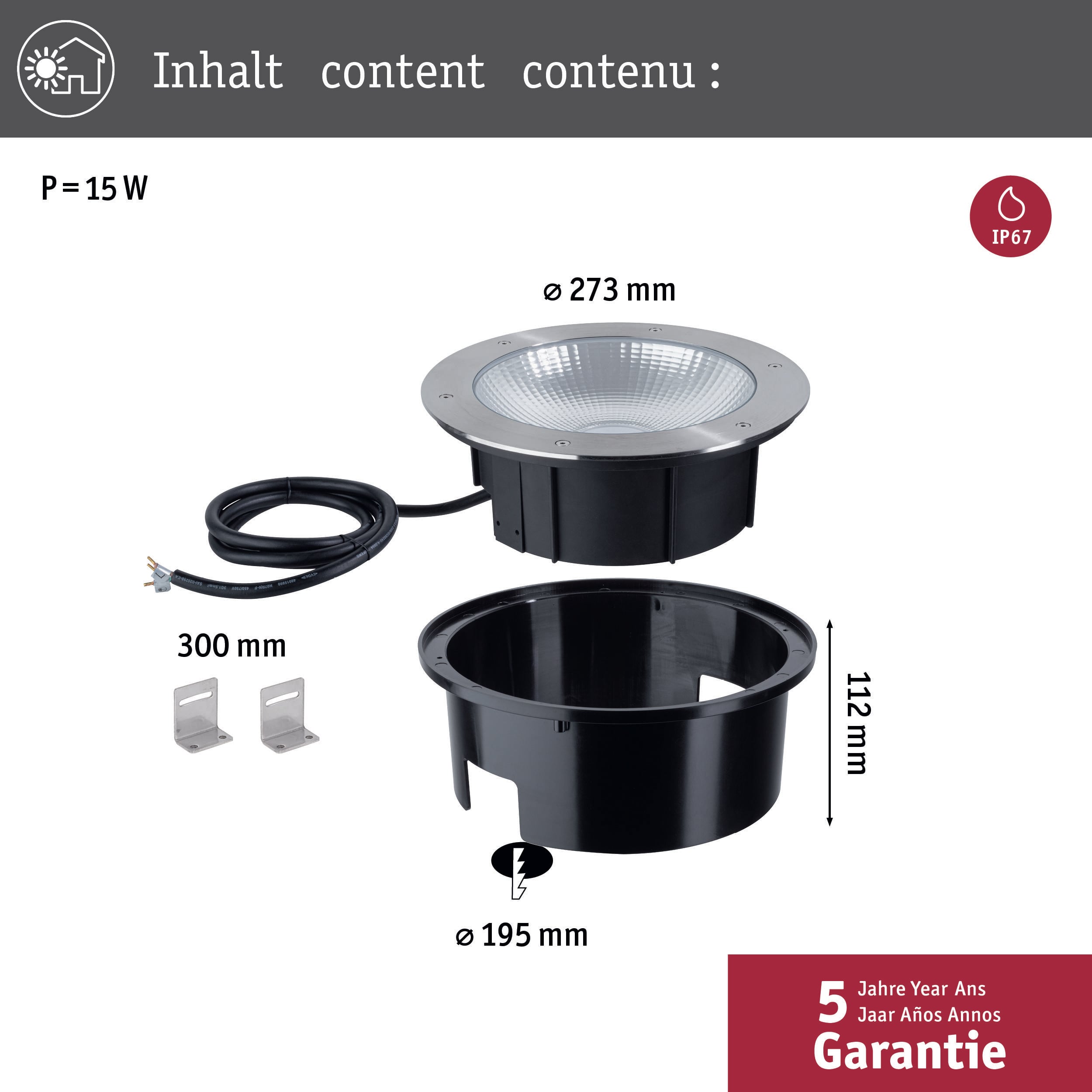 Naświetlacz podłogowy LED o mocy 15 W, średnicy 273 mm i wysokości 112 mm. Stopień ochrony IP67, w zestawie kabel i 5 lat gwarancji.