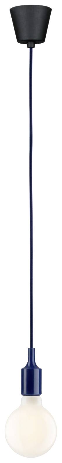 Lampa wisząca z czarnym elementem zawieszenia i niebieskim oprawką, świecąca żarówka.