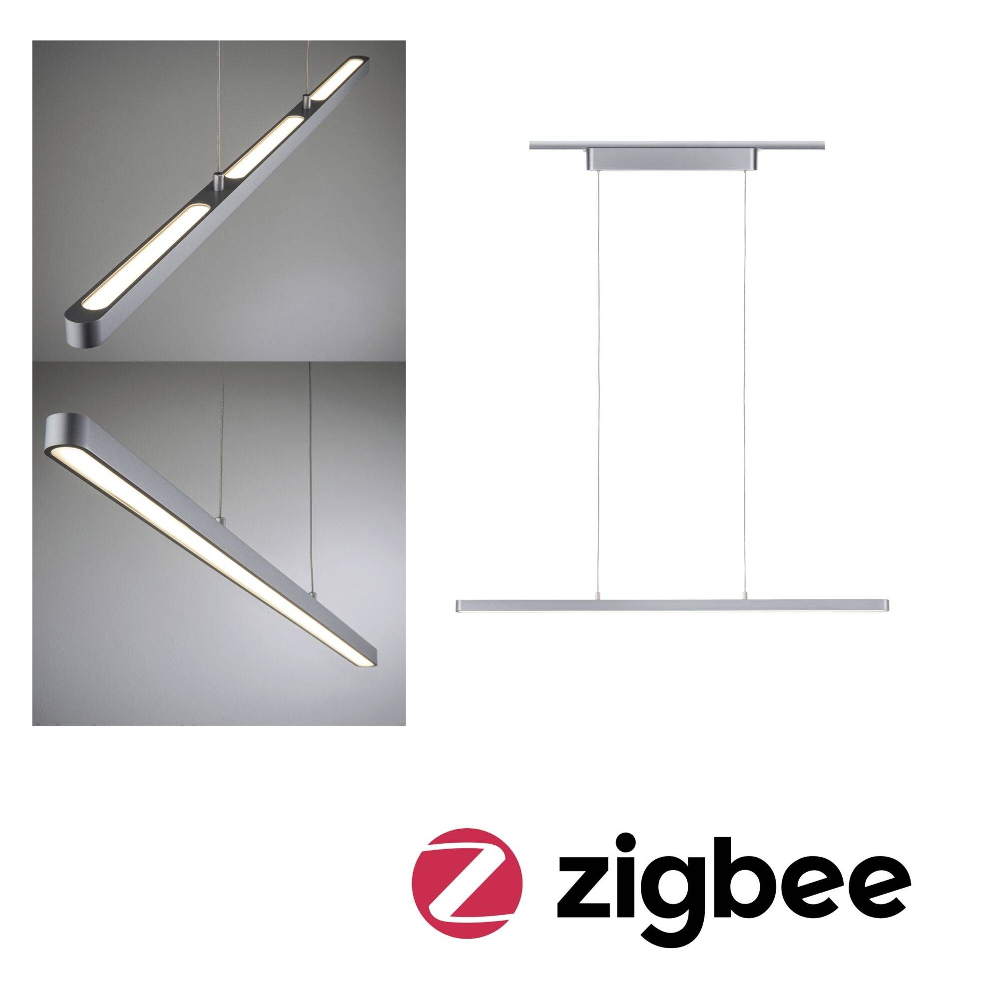 Nowoczesna, podłużna lampa wisząca z metalowymi akcentami i ciepłym światłem. W dolnym prawym rogu logo 'zigbee'. Idealna do stylowego oświetlenia.