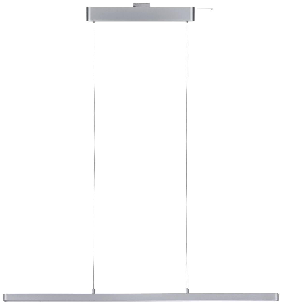 Lampa wisząca o wąskim, nowoczesnym designie, z prostokątnym korpusem świetlnym i metalowym mocowaniem. Idealna do wnętrz w stylu współczesnym.