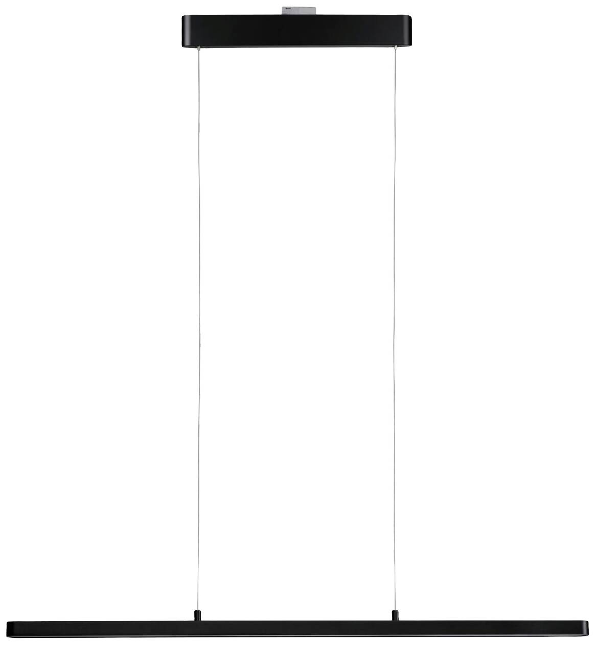 Czarna, minimalistyczna lampa wisząca z długą, prostokątną oprawą, zawieszona na cienkich kablach na prostokątnej podstawie.