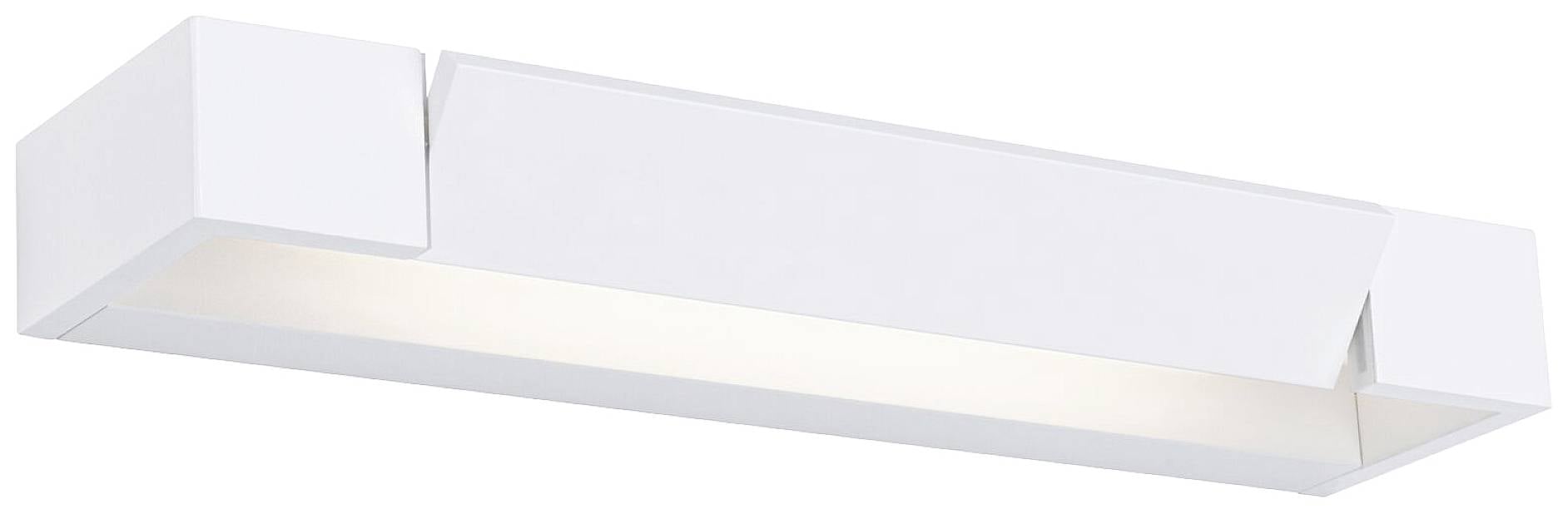 Biała, prostokątna lampa ścienna o minimalistycznym designie. Rozproszone światło pada w dół, idealna do nowoczesnych wnętrz.