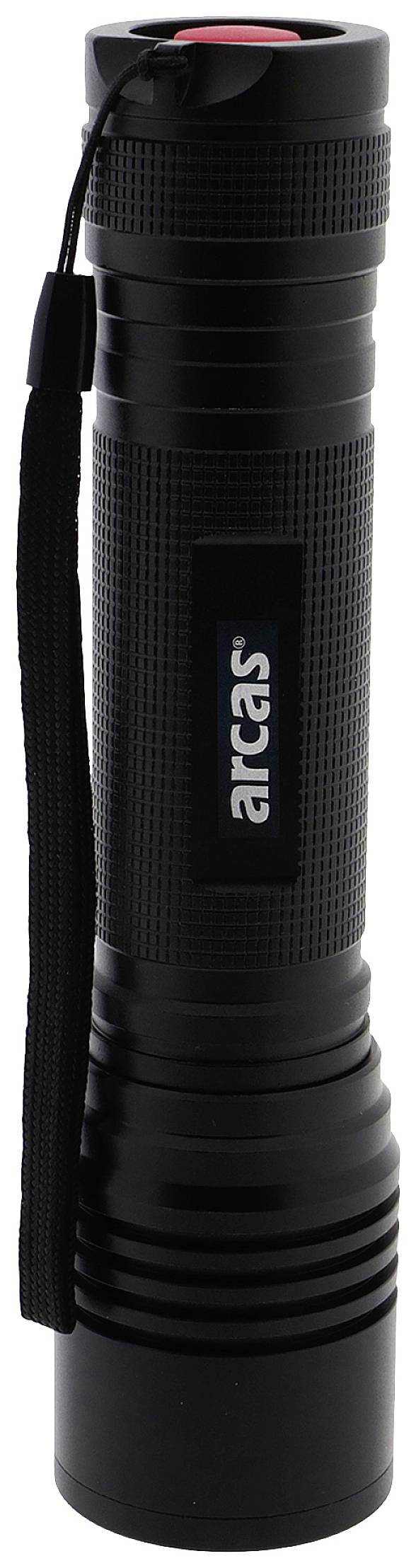 Czarna latarka o chropowatej powierzchni z przymocowanym czarnym paskiem. Nadruk 'arias' na boku.