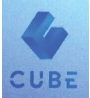 Logo 'CUBE', stylizowany projekt 3D w odcieniach szarości, przedstawiający geometryczny obiekt z efektem cienia umieszczony powyżej napisu.