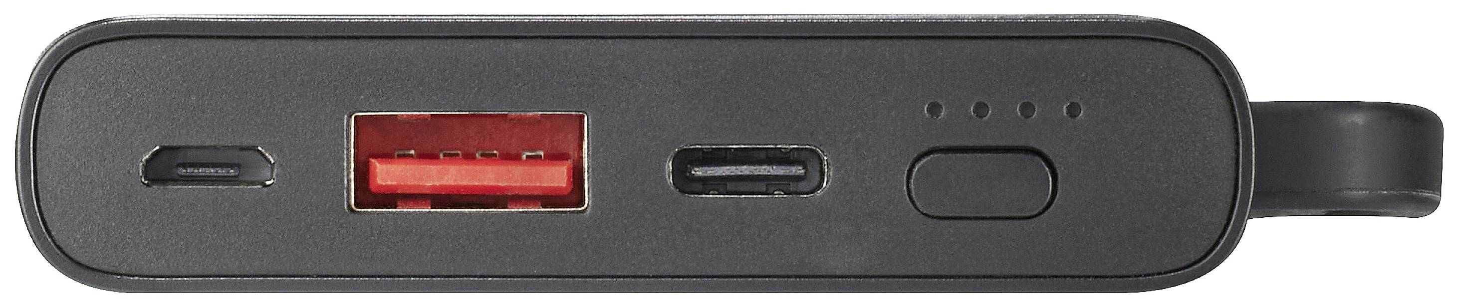 Czarna powerbank z portami USB i USB-C, wskaźnikiem ładowania oraz przyciskiem włączania/wyłączania.