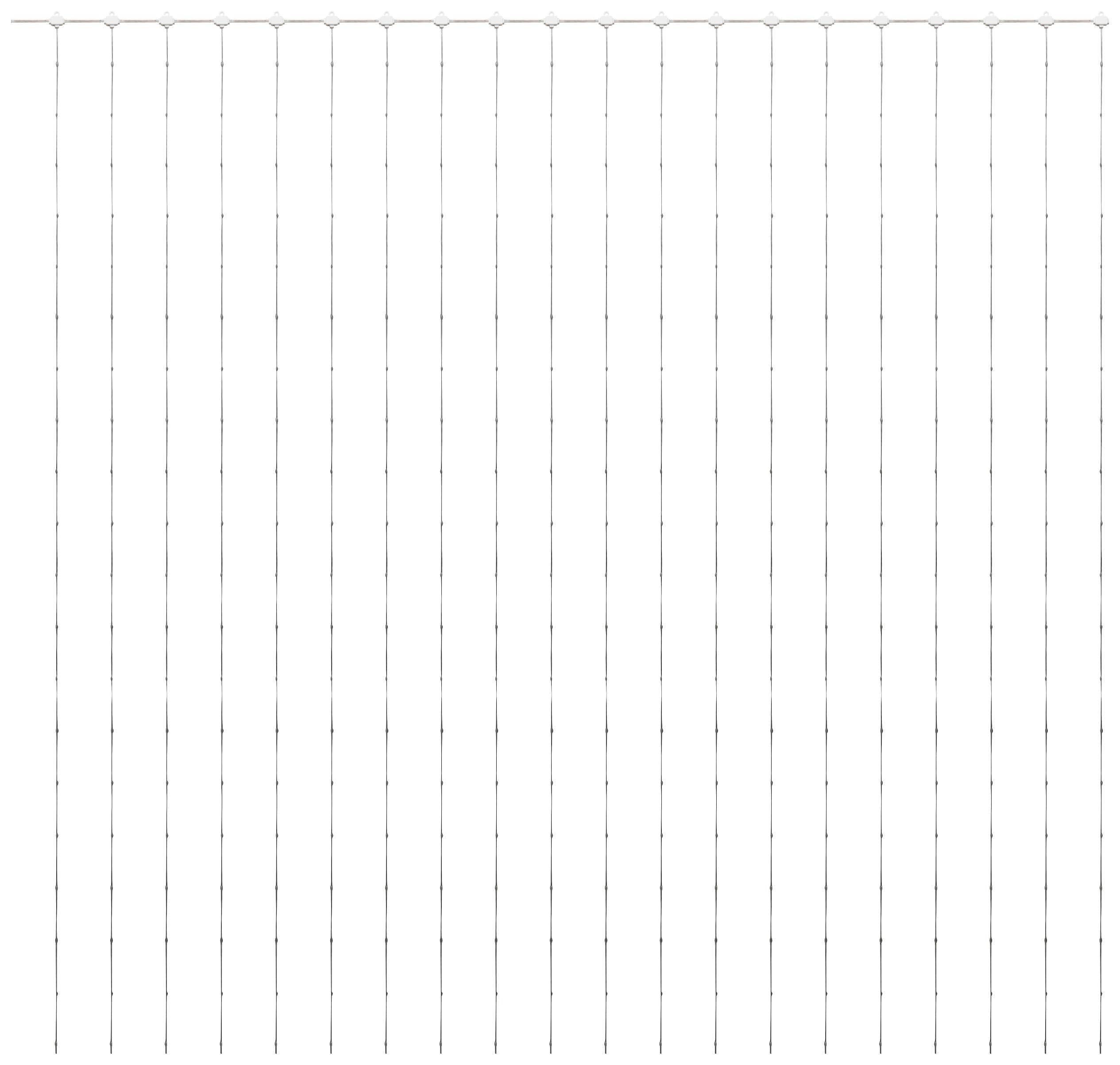 Jedenaście pionowych łańcuchów świetlnych, równomiernie zawieszonych obok siebie, oświetlonych na białym tle. Idealne do celów dekoracyjnych.