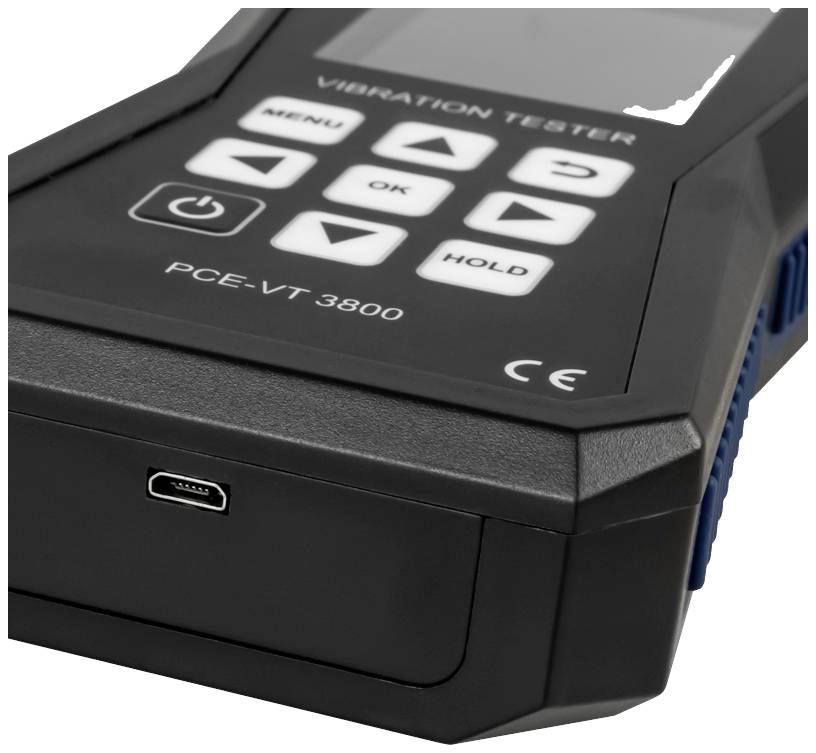 Przenośne urządzenie do pomiaru wibracji, wyposażone w przyciski menu, OK i Hold. Widoczny numer modelu PCE-VT 3800.