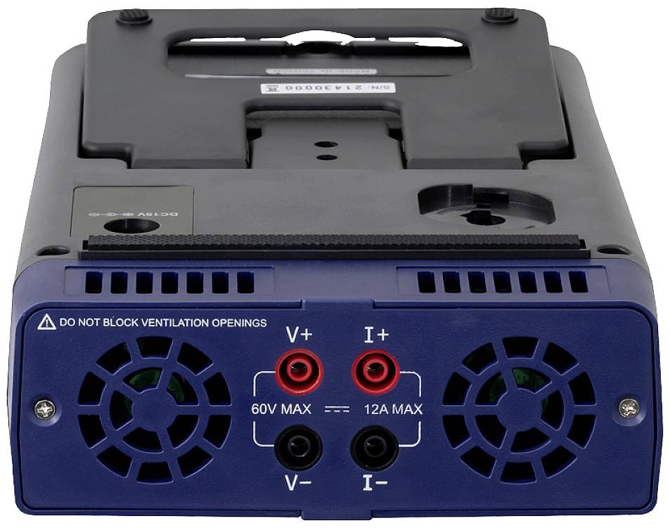 Urządzenie elektroniczne z złączami biegunów dodatniego i ujemnego (I+ I-), maksymalnym prądem 12 A oraz maksymalnym napięciem 60 V. Otwory wentylacyjne są oznaczone.