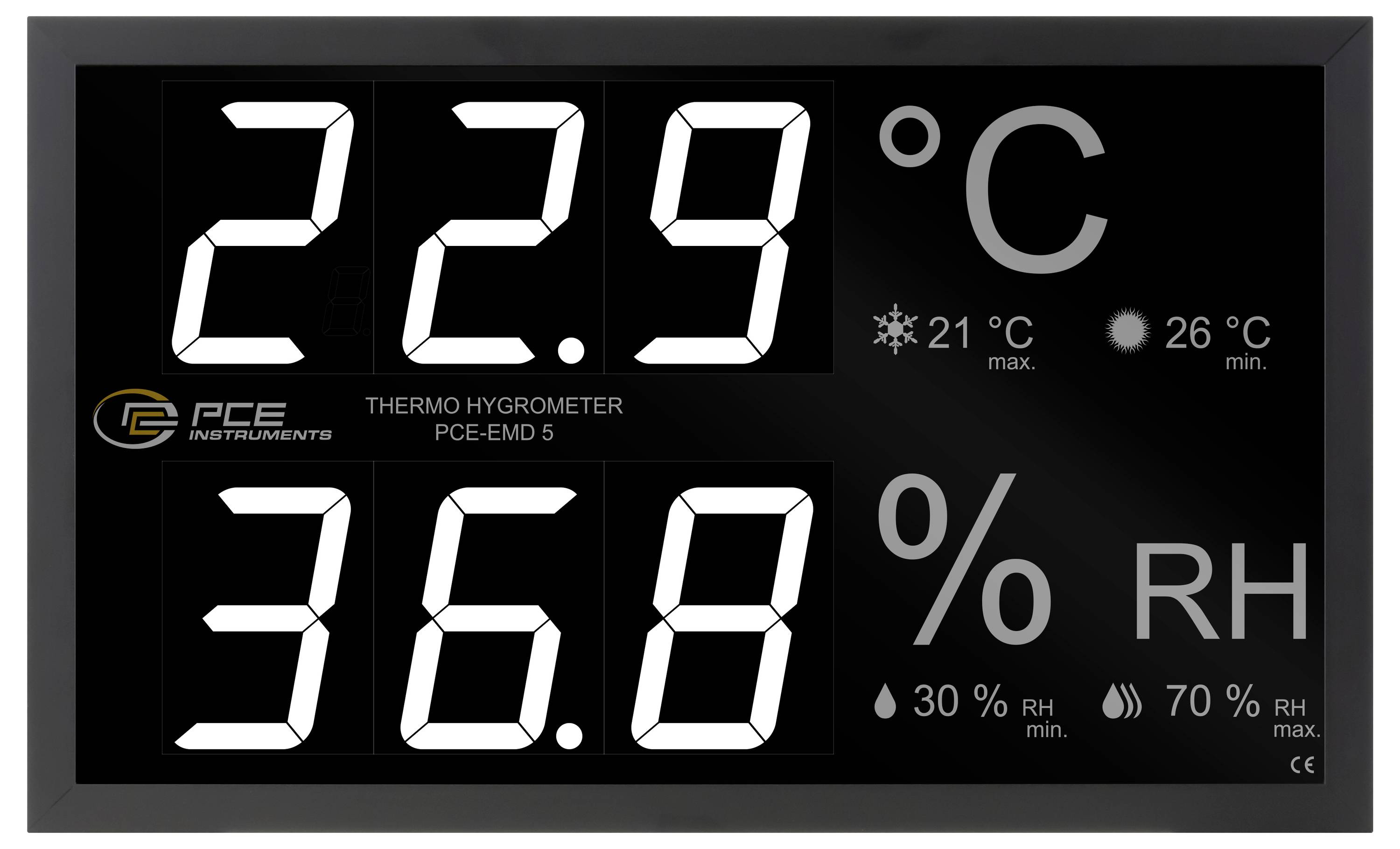 Cyfrowy wyświetlacz termo-higrometru pokazujący 22,9°C i 36,8% RH, z maksimum 26°C, minimum 21°C i notatkami dotyczącymi zakresu wilgotności.