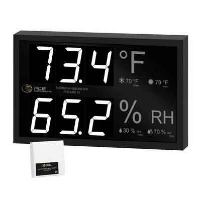 Cyfrowy wyświetlacz termo-higrometru pokazujący 73,4°F i 65,2% RH z wskaźnikami minimum/maksimum; mała jednostka czujnika pokazana poniżej.