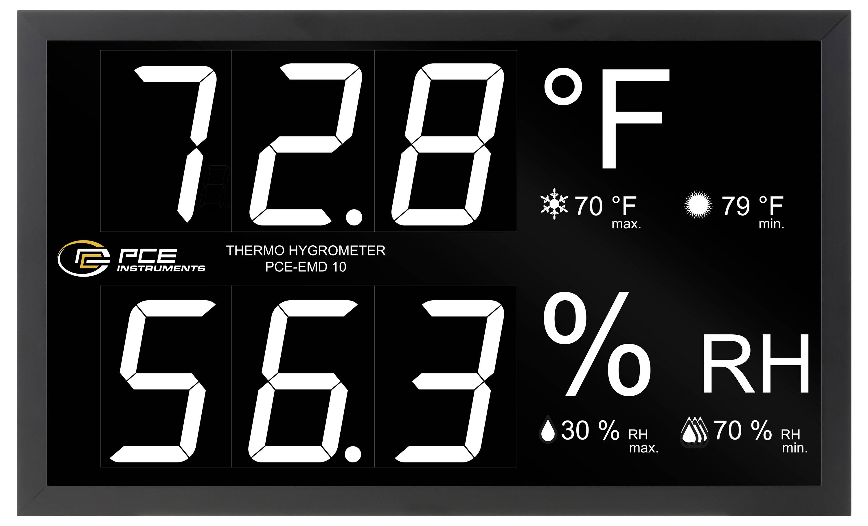 Cyfrowy wyświetlacz termohigrometru pokazujący 72,8°F i 56,3% wilgotności względnej, ze wskaźnikami maksymalnych/minimalnych wartości temperatury i wilgotności.