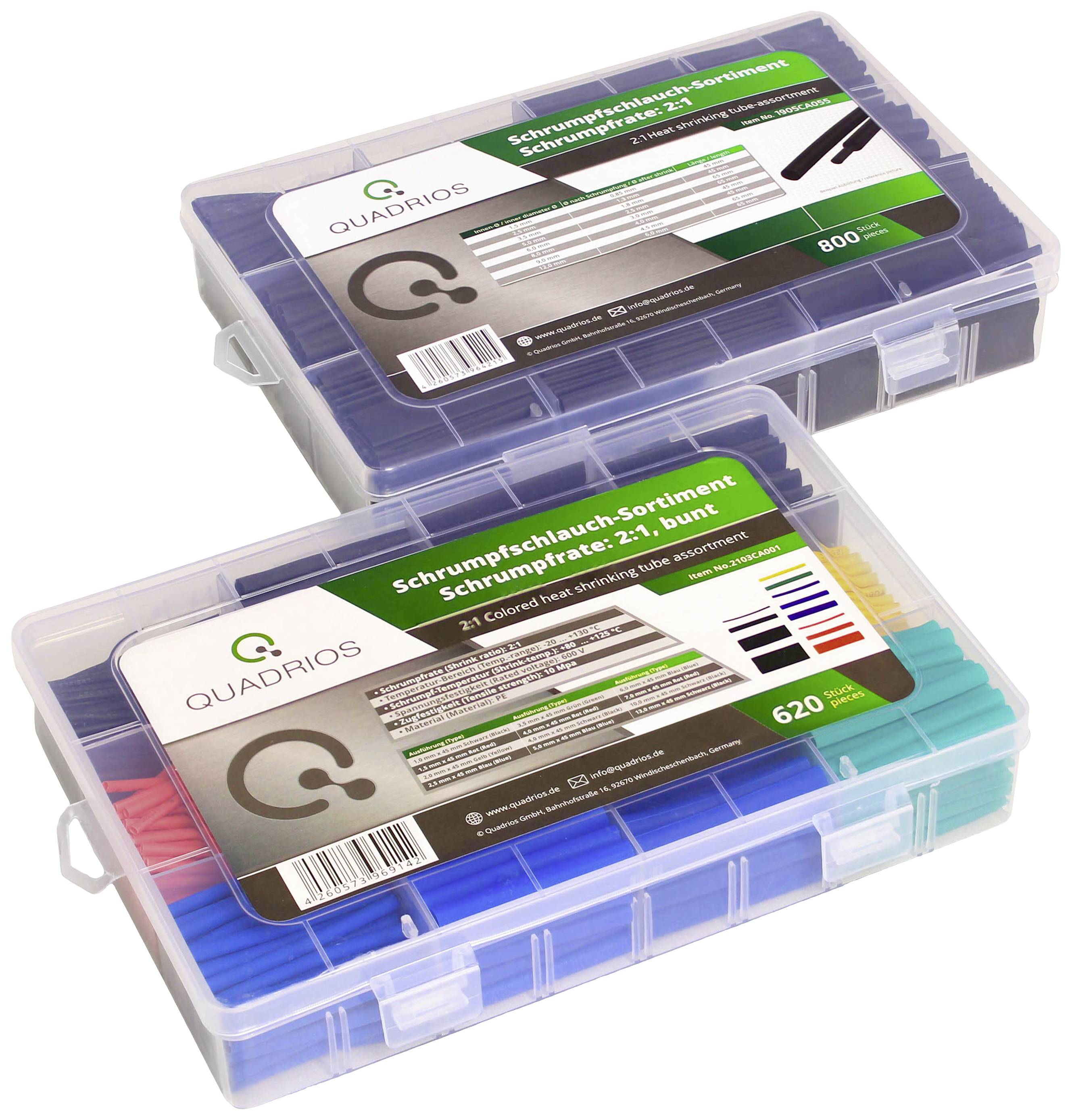 Комплект термоусадочних трубок Quadrios 22CA142 чорний, червоний, жовтий, синій, зелений Коефіцієнт усадки: 2:1 1 комплект