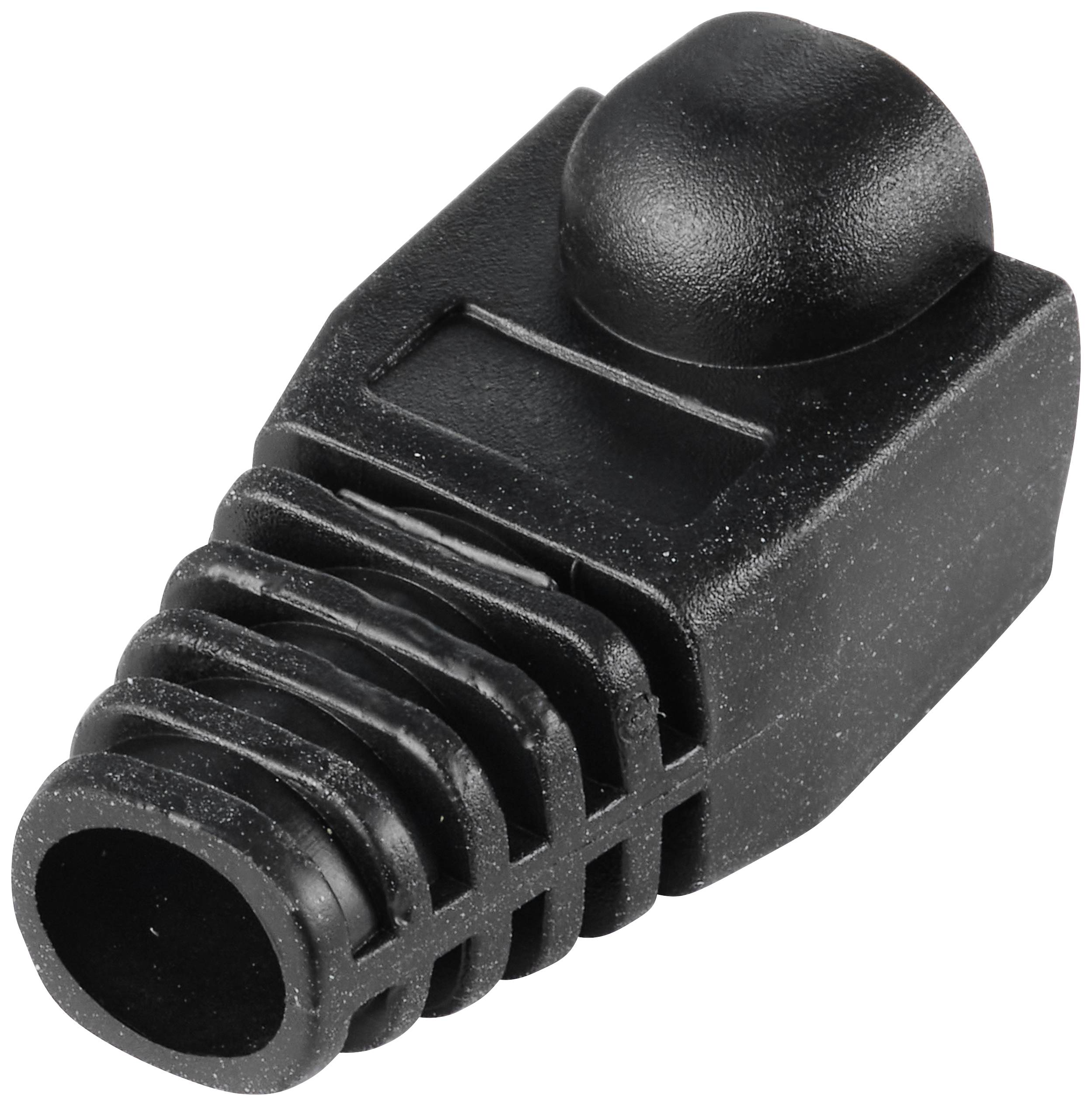 Czarny łącznik kątowy z tworzywa sztucznego z okrągłą główką i prążkowaną tuleją. Idealny do połączeń w meblach lub rurach.