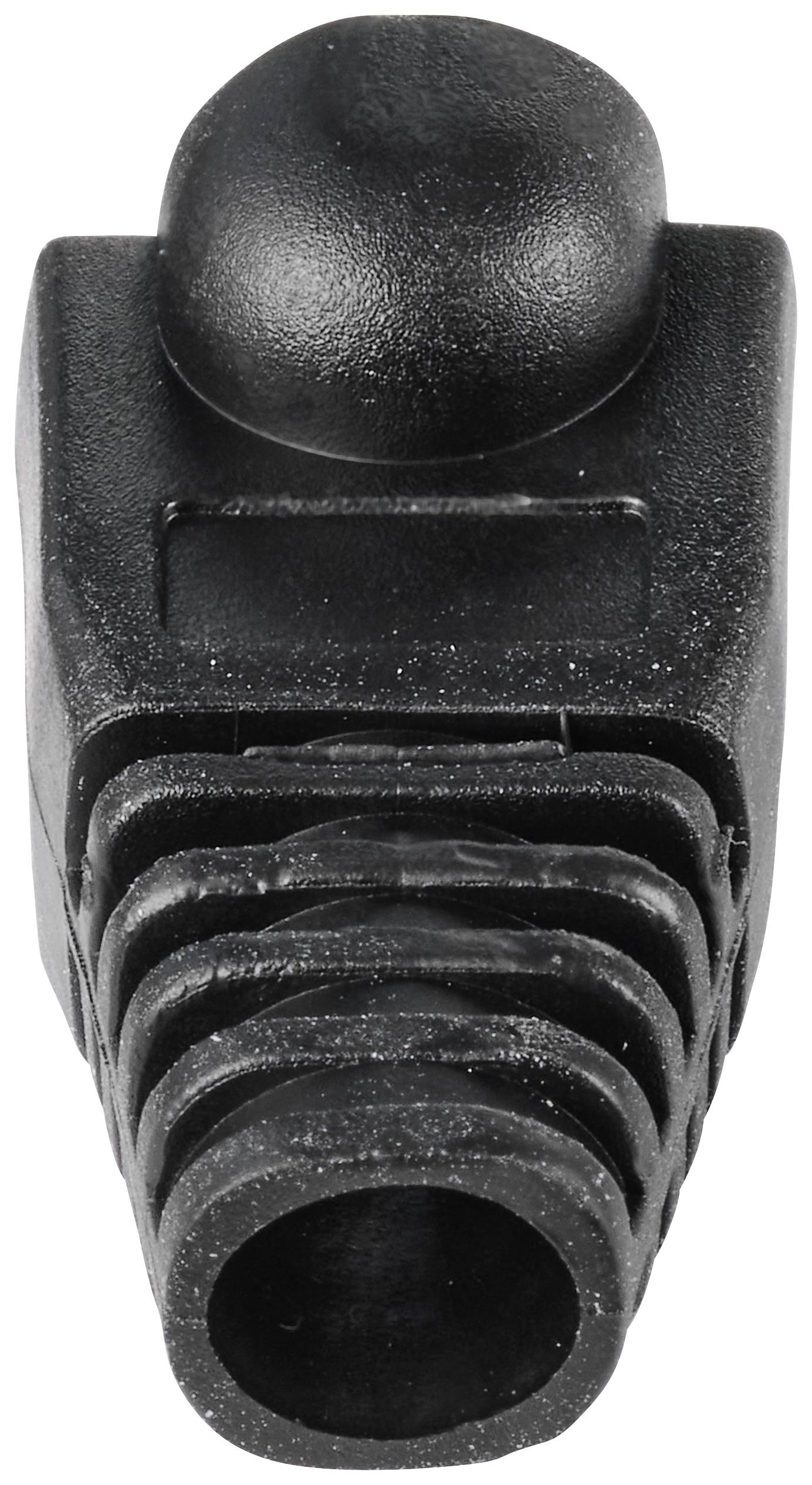 Czarny plastikowy korek z okrągłą główką, odpowiedni do zakrywania prostokątnych otworów, często stosowany w meblach lub maszynach.