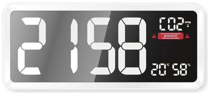 Elektroniczny zegar z wyświetlaczem CO2, pokazujący '21:58' jako godzinę oraz 'CO2 PPM 1278' z ostrzeżeniem 'ZŁY - wymagana wentylacja'.