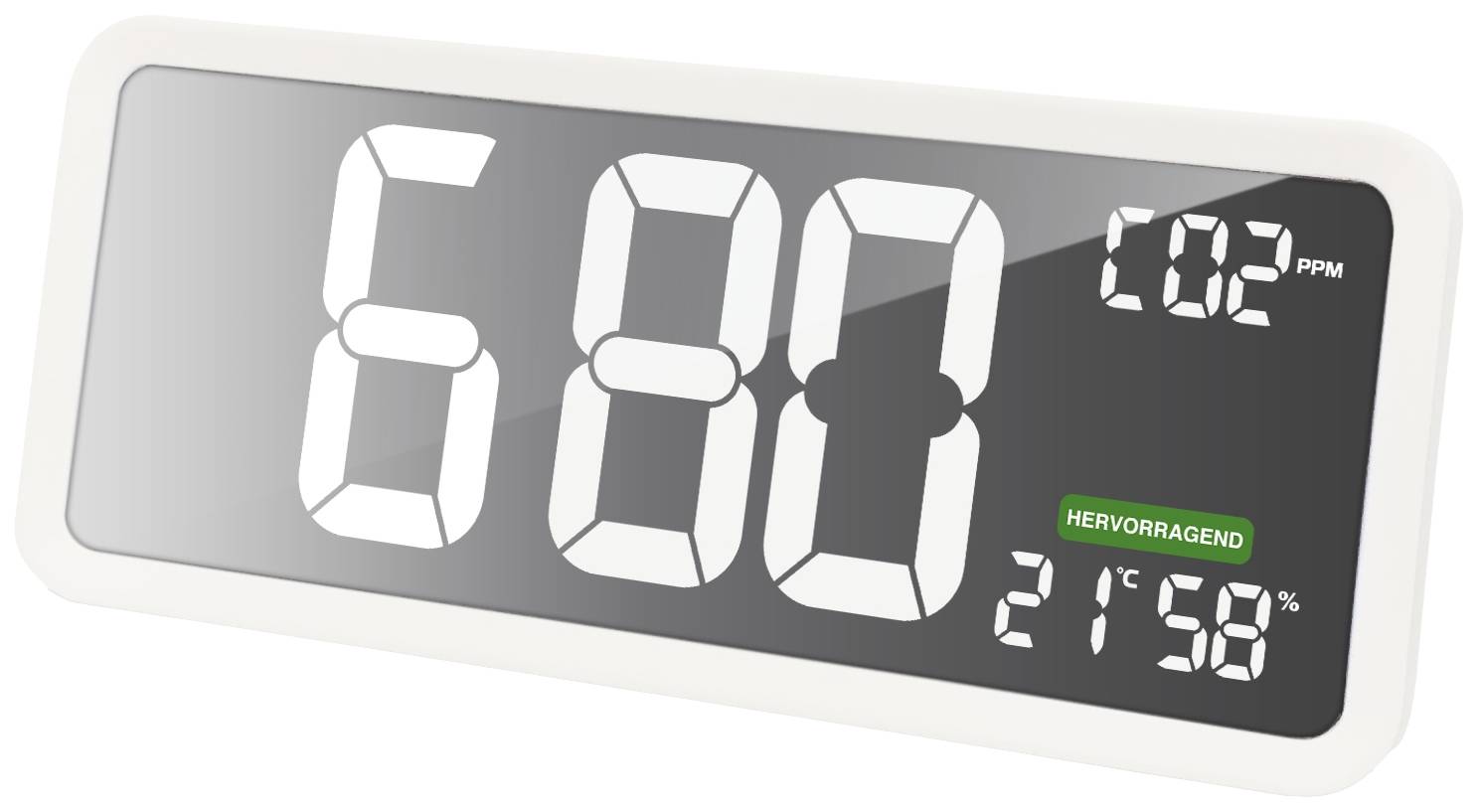 Urządzenie do pomiaru CO2 wskazuje 600 ppm. W prawym dolnym rogu: 'Doskonale'. Na dole: 21°C i 58% wilgotności. Ekran jest czarno-biały.