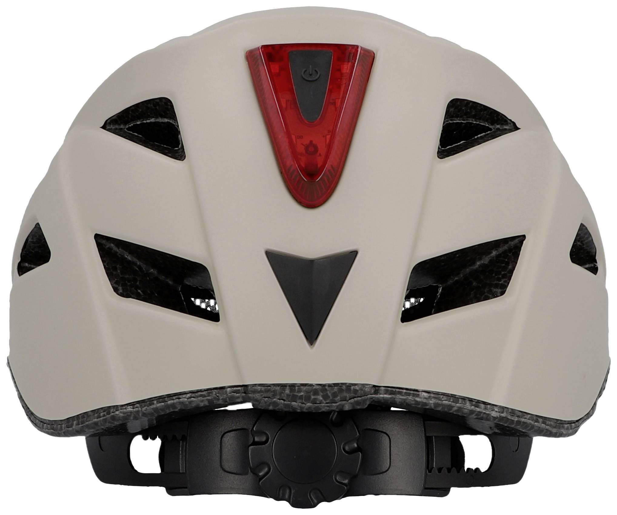 Kask rowerowy widziany od tyłu z czerwoną lampką tylną i otworami wentylacyjnymi.