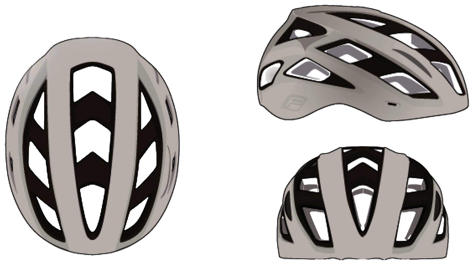 Kask w trzech ujęciach: z przodu, z boku, z tyłu. Beżowy z czarnymi otworami wentylacyjnymi.