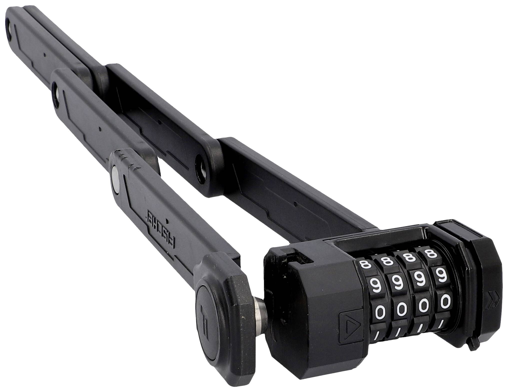 Czarny, składany rowerowy zamek z zamkiem szyfrowym, ustawiony na kod '0000'.