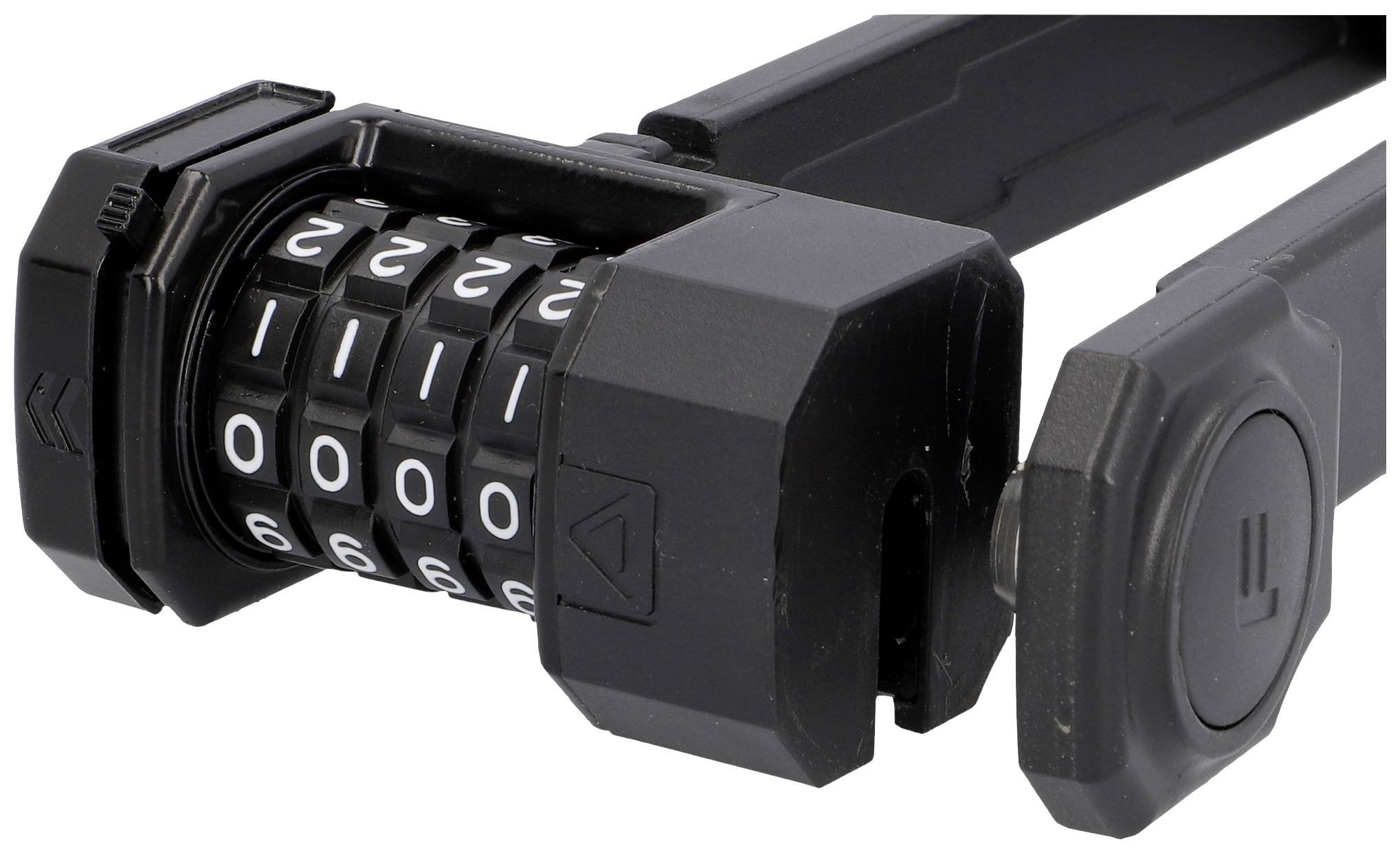 Zapięcie rowerowe z zamkiem szyfrowym. Czarna obudowa z widoczną kombinacją cyfr. Podkreślono cechę bezpieczeństwa.