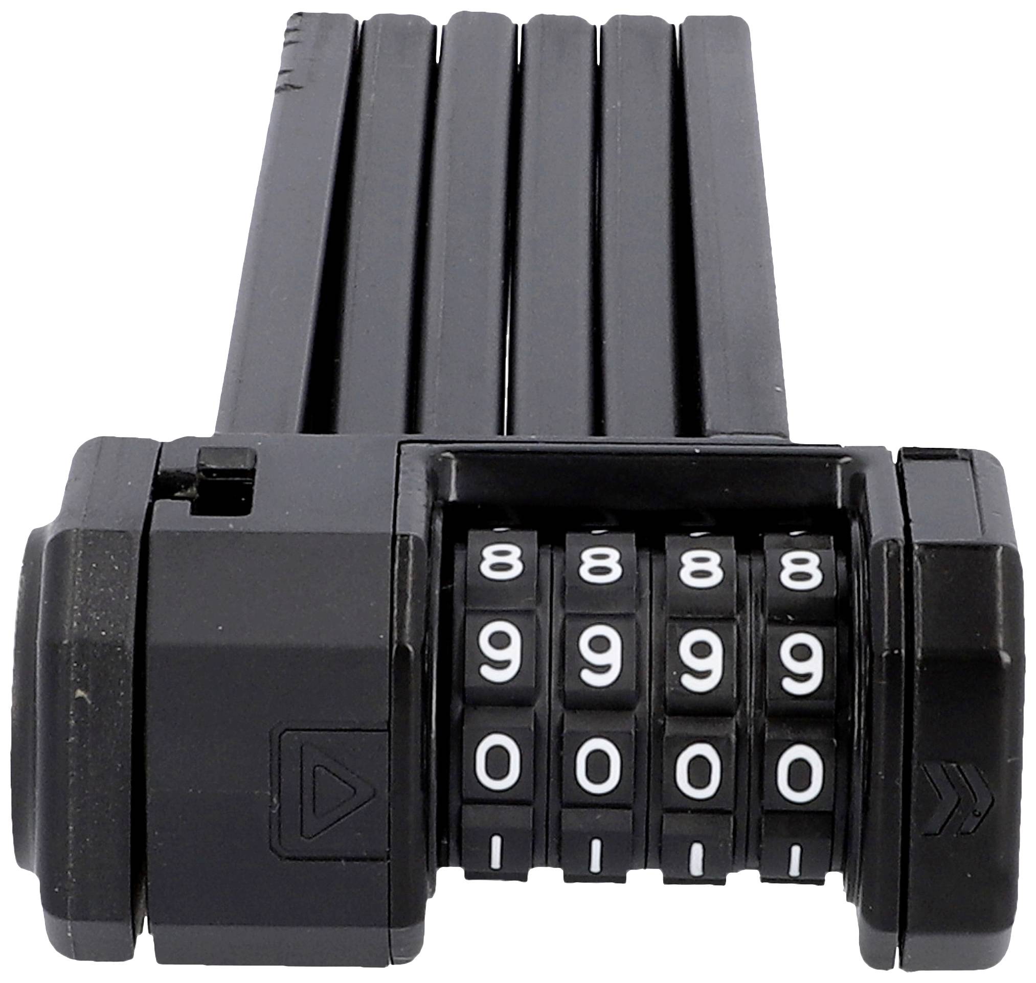 Czarny składany zamek z kodem numerycznym. Kod jest ustawiony na '9999'.