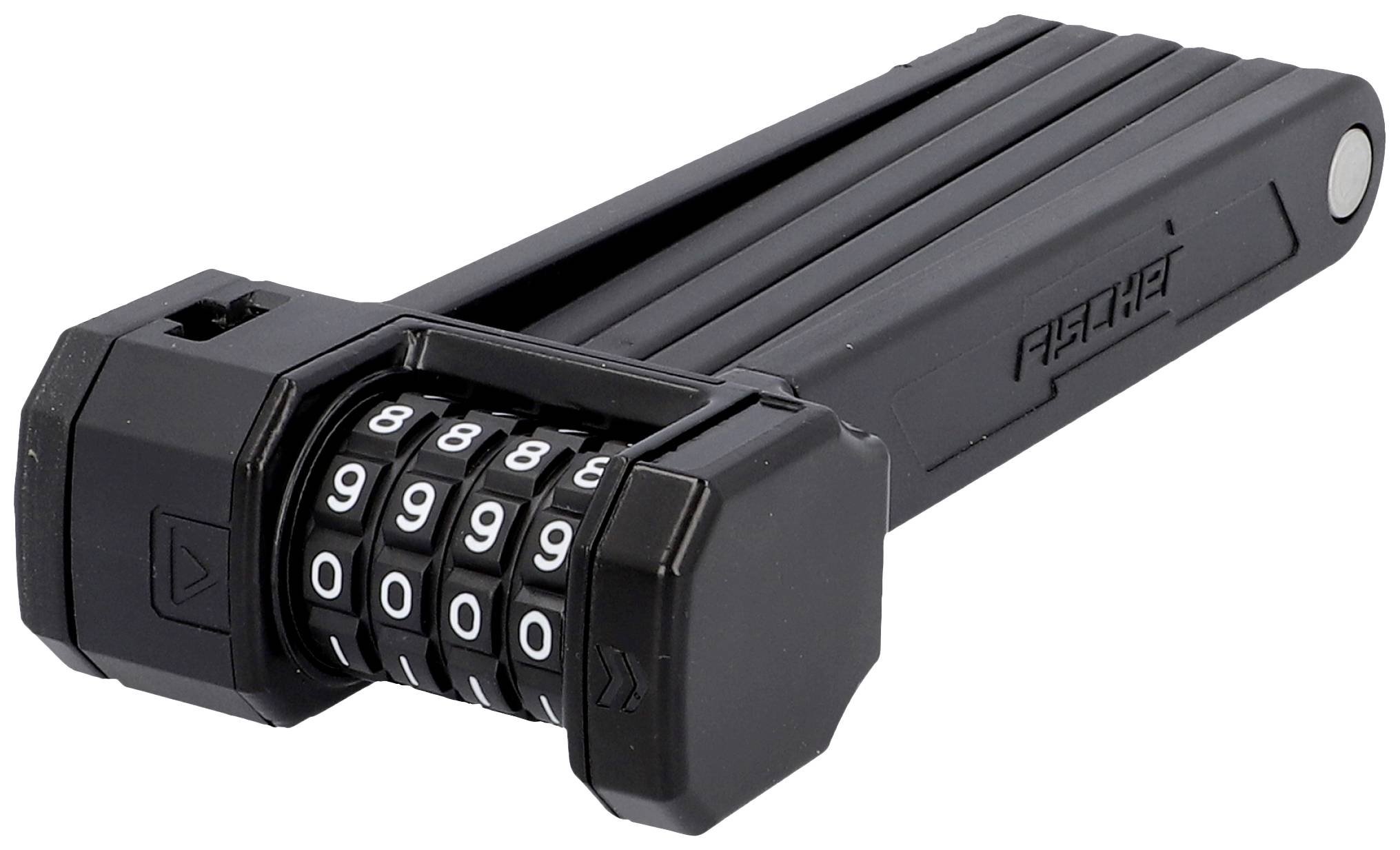 Czarny składany zamek z zamkiem szyfrowym składającym się z kilku mechanicznych tarcz z cyframi.