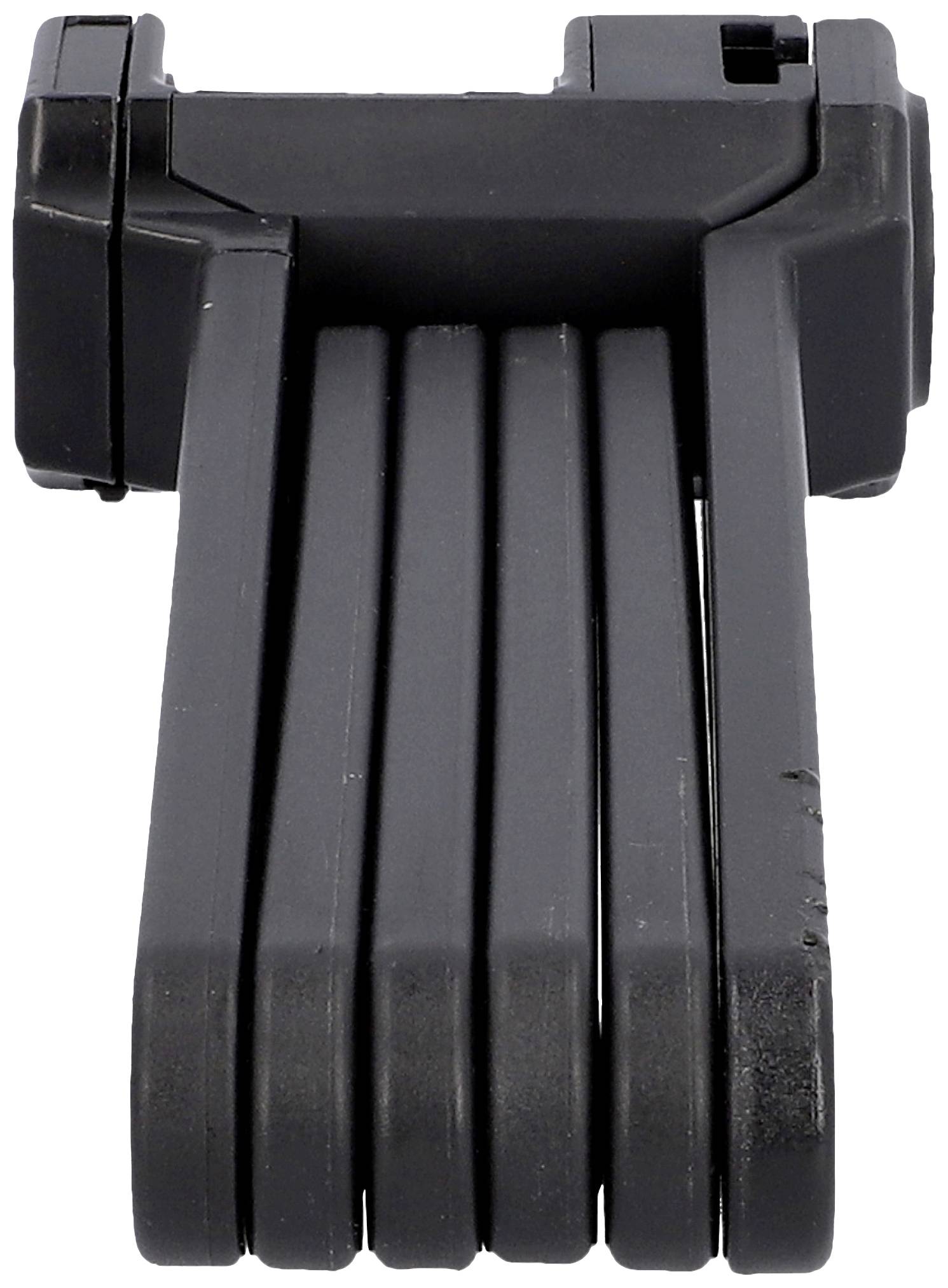 Czarny, składany zamek rowerowy w złożonym stanie, składający się z kilku solidnych ogniw.