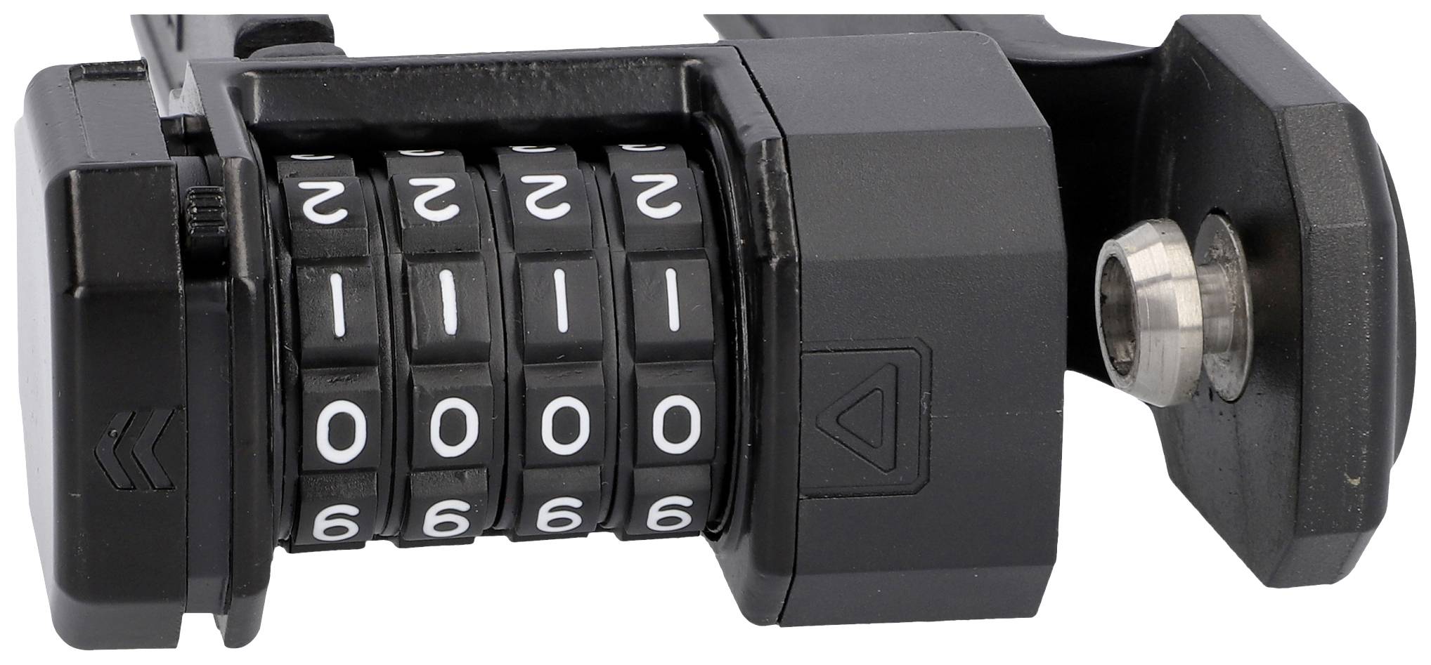 Czarny zamek szyfrowy z czterocyfrową kombinacją, aktualnie ustawiony na '0000'.