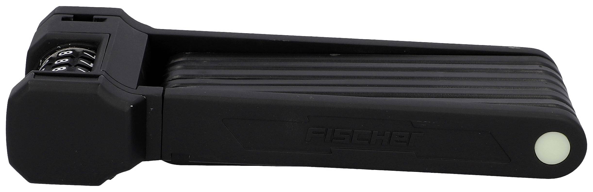 Czarny składany zamek z zamkiem szyfrowym, w złożonym stanie, pokazuje pięć segmentów z zielonym punktem świetlnym.