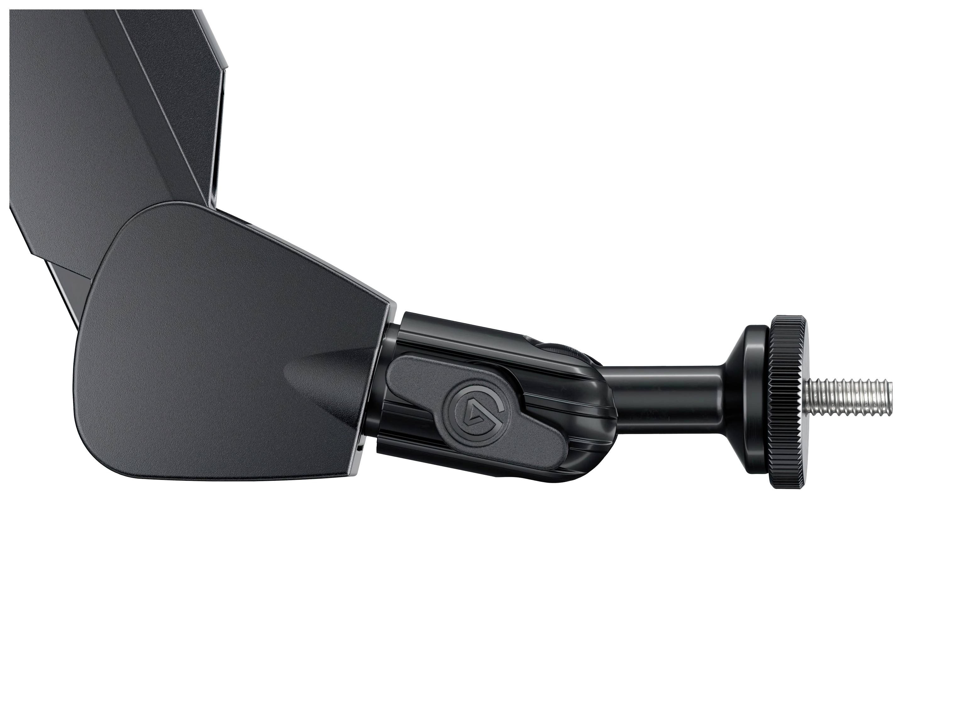 Zbliżenie czarnego przegubu ramienia z połączeniem śrubowym na końcu, odpowiedniego do mocowań lub zamocowań.