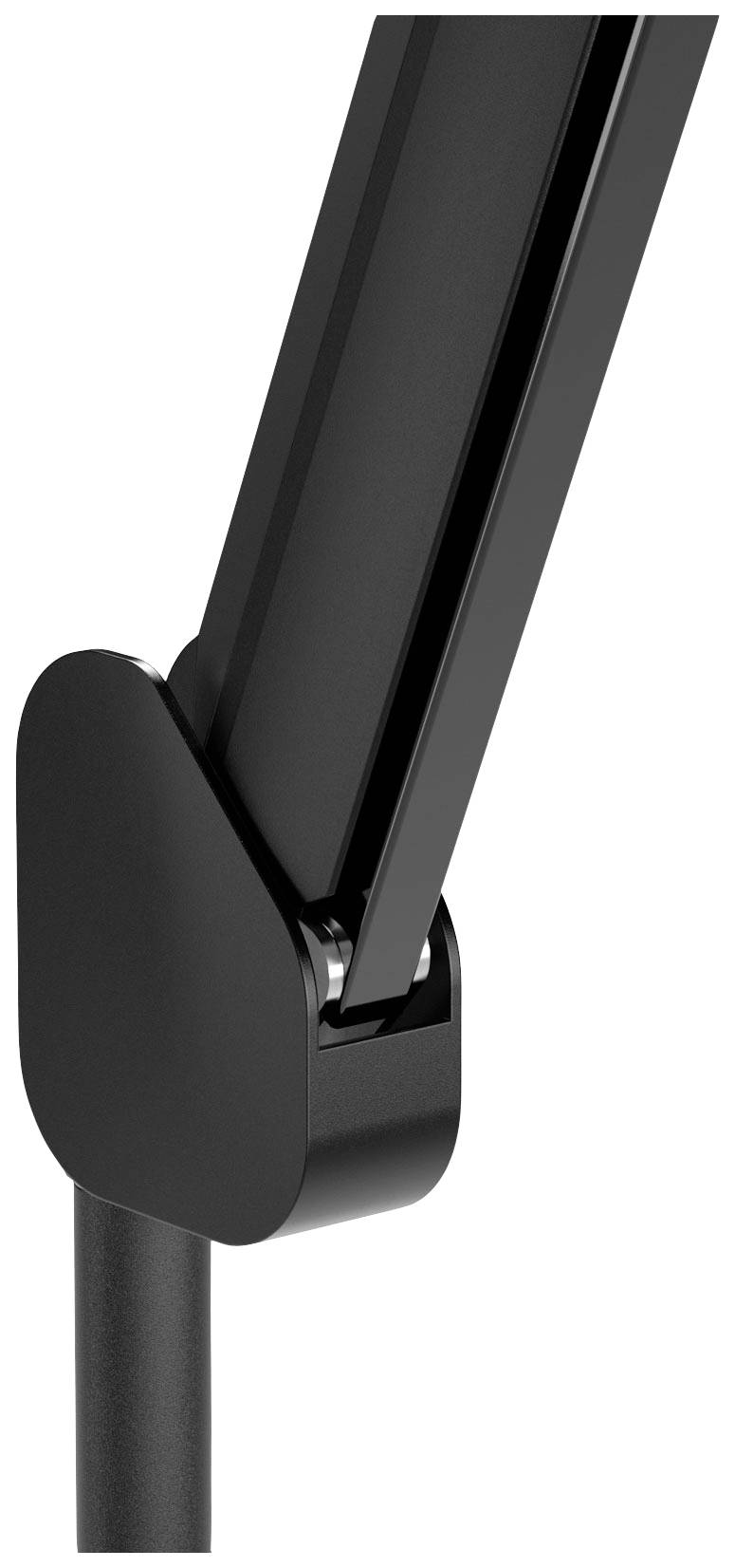 Czarny, nowoczesny przegub metalowy, będący elementem regulowanej lampy lub uchwytu.