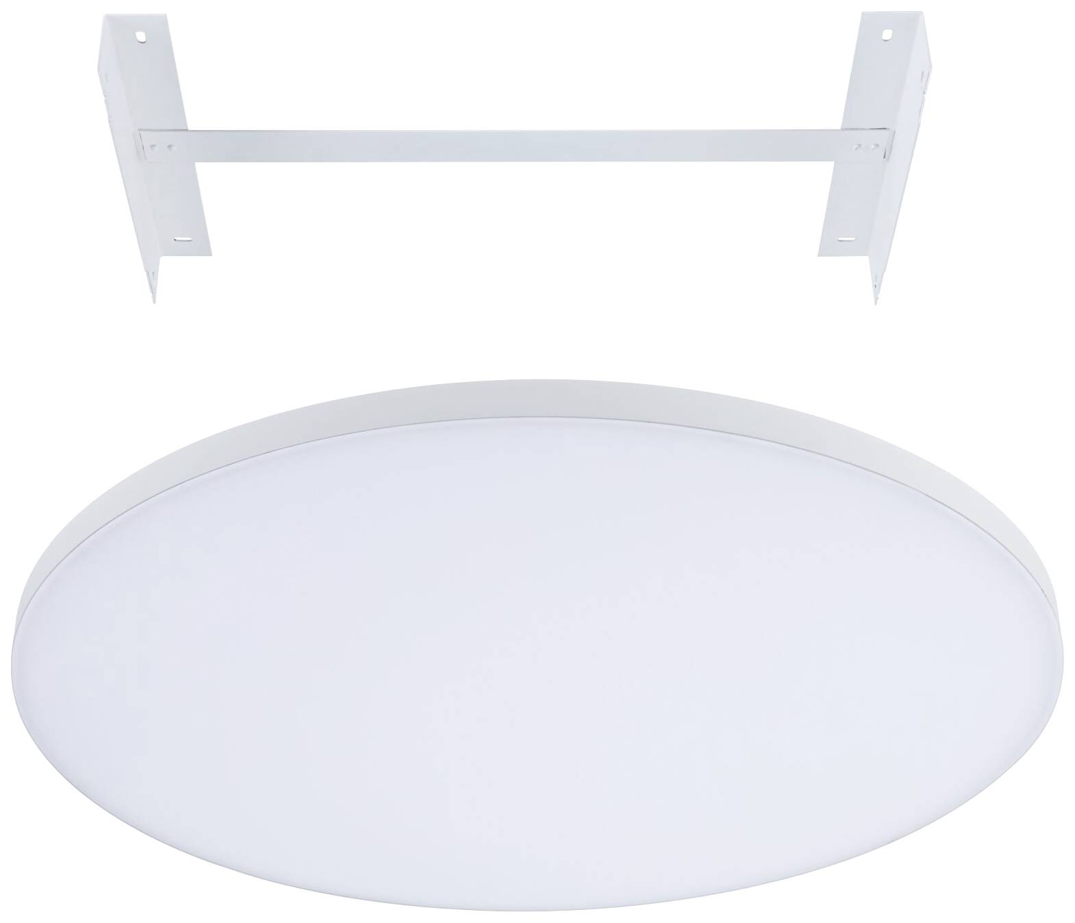 Okrągła, biała sufitowa lampa LED z metalowym mocowaniem.