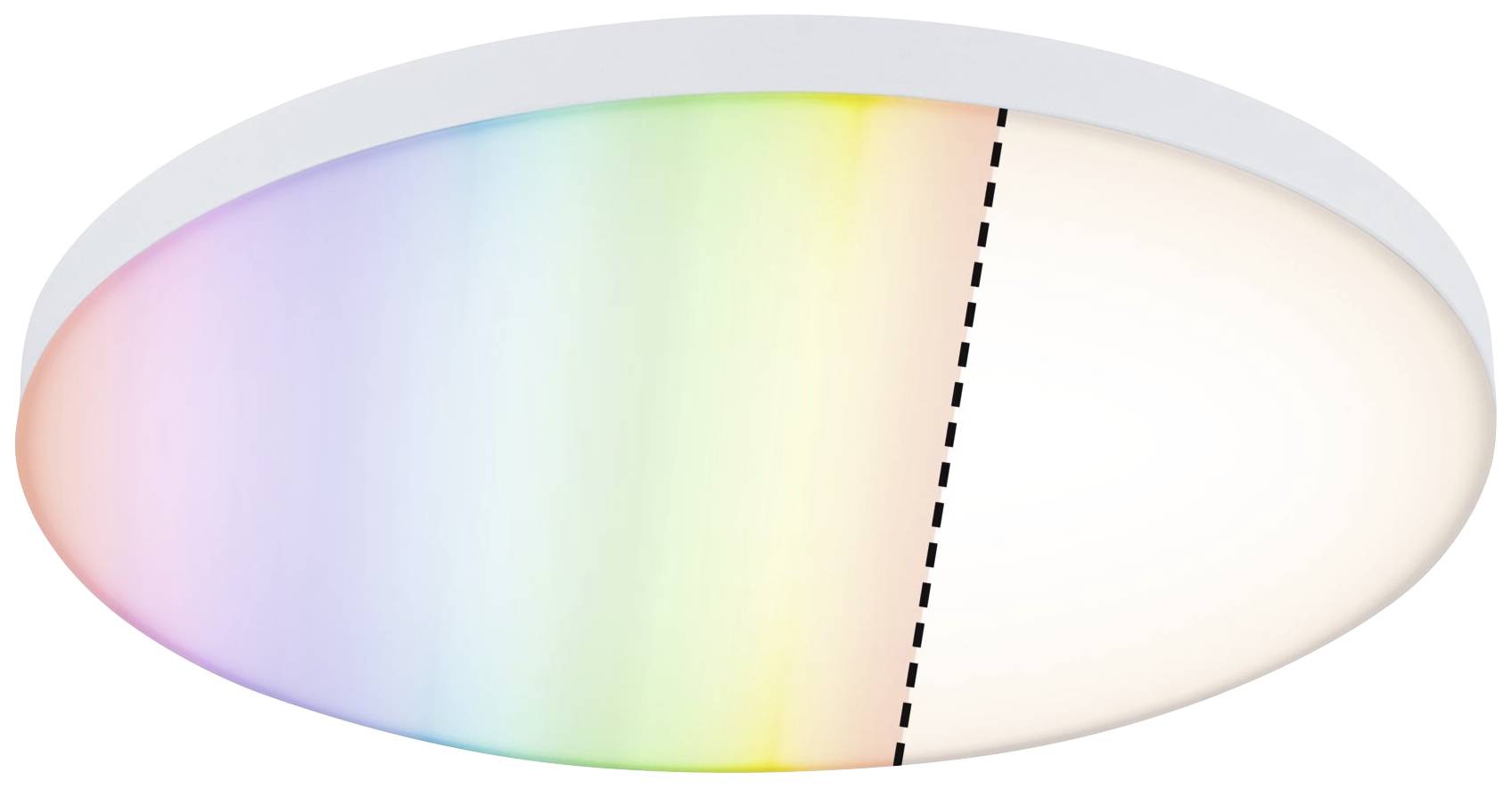Owalna lampa sufitowa po lewej stronie wyświetla efekt tęczy, a po prawej białe światło, rozdzielone przerywaną linią.