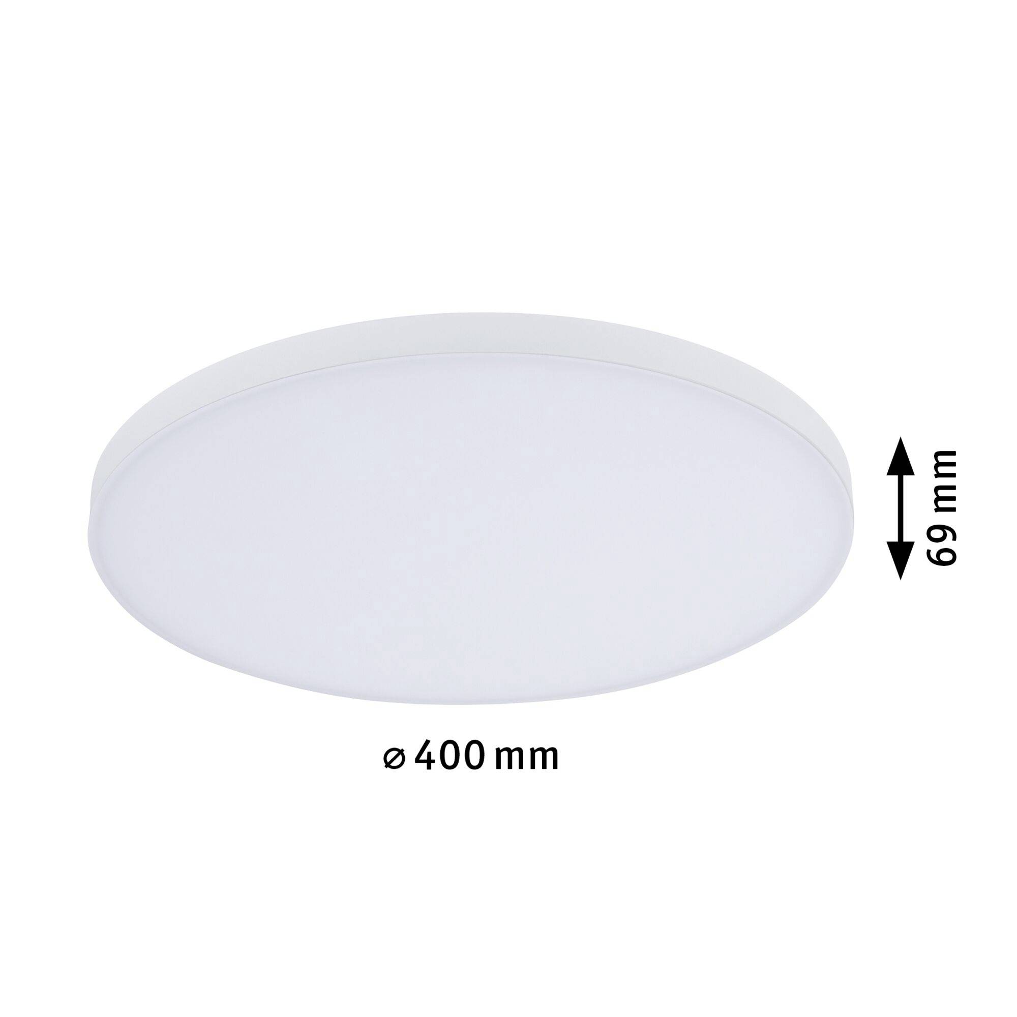 Okrągła, biała lampa sufitowa o średnicy 400 mm i wysokości 69 mm.