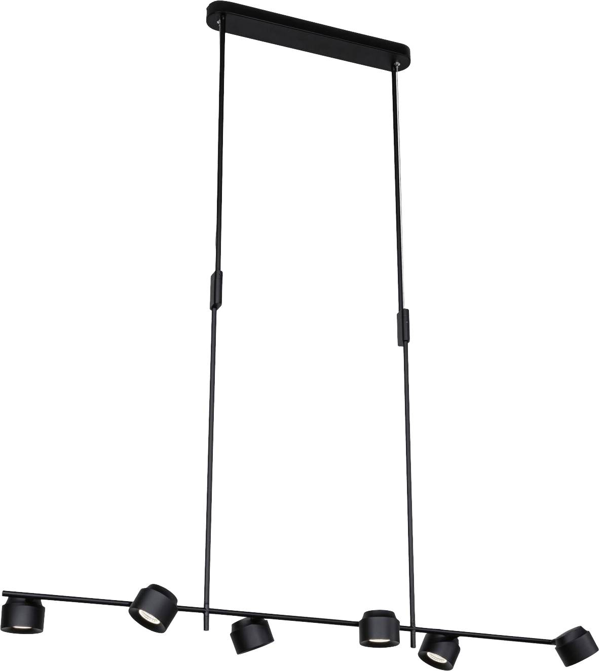 Wisząca, czarna lampa sufitowa z sześcioma regulowanymi reflektorami umieszczonymi na dwóch poziomych prętach, o nowoczesnym i minimalistycznym designie.
