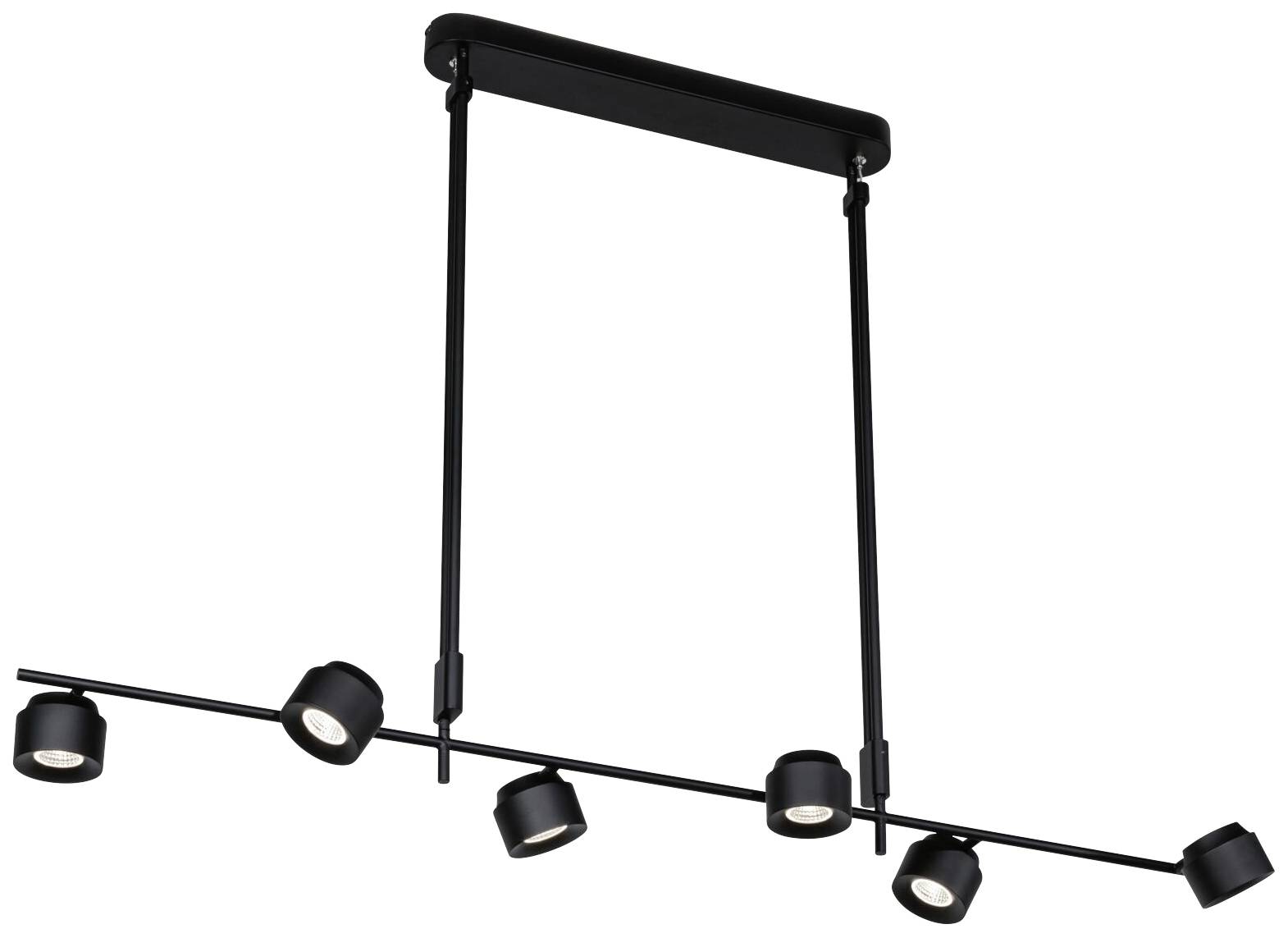 Nowoczesna czarna lampa sufitowa z dwoma równoległymi prętami, na których zamocowanych jest sześć regulowanych lamp skierowanych w dół.