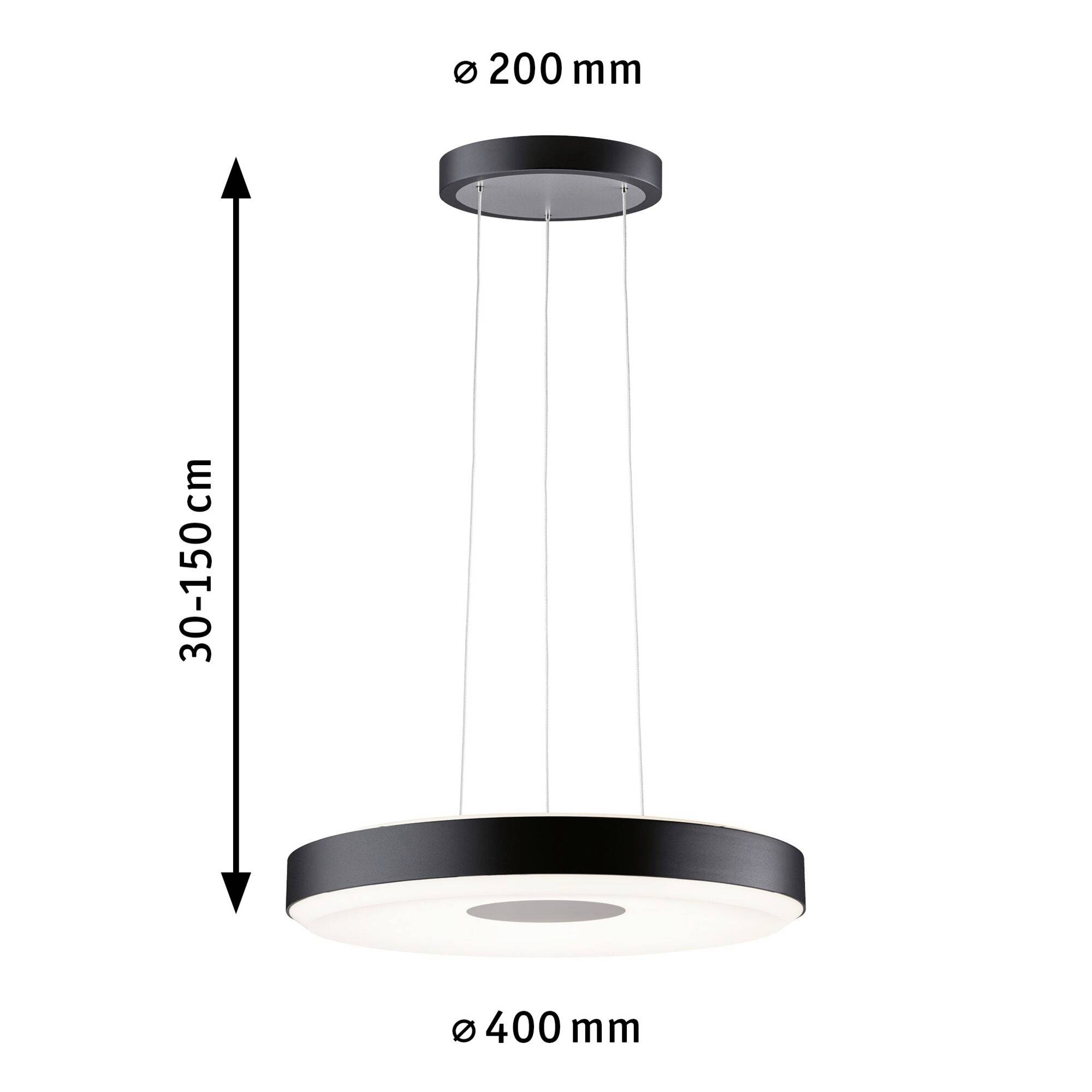 Lampa wisząca z dwoma pierścieniami: górny pierścień o średnicy 200 mm, dolny pierścień o średnicy 400 mm, regulowana wysokość 30-150 cm.