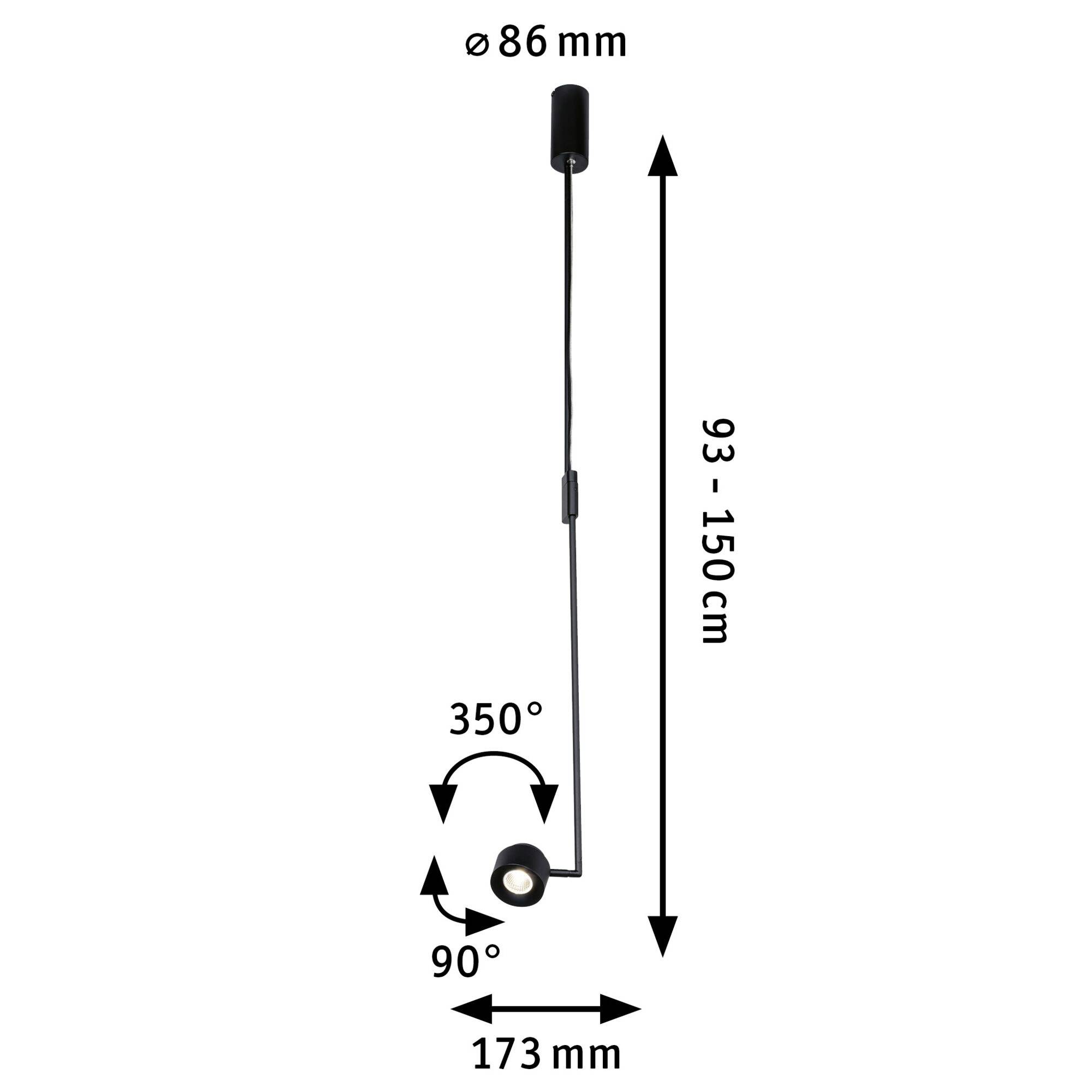 Lampa wisząca z regulowaną wysokością od 93 do 150 cm. Zakres pochylenia 90° i obrotu 350°. Średnica: 86 mm, szerokość: 173 mm.