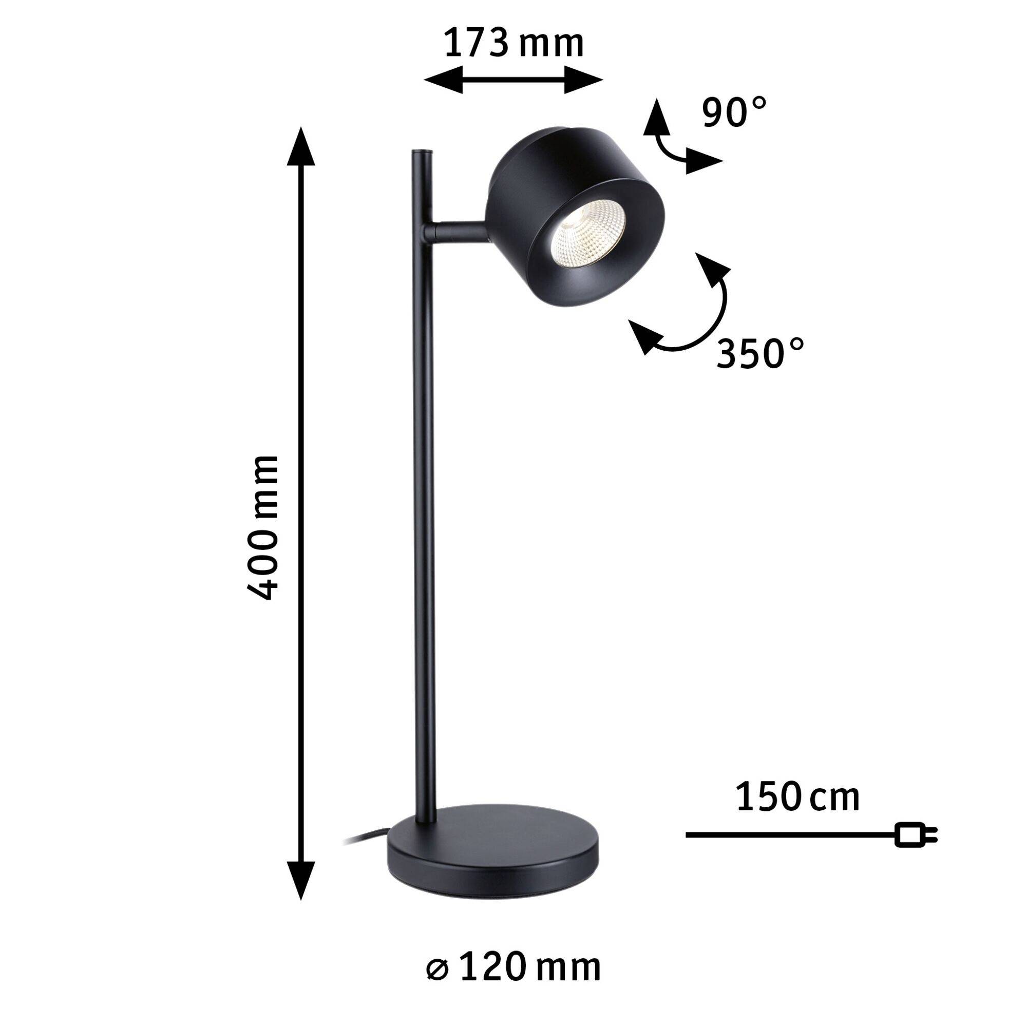 Czarna lampa stołowa, wysokość 400 mm, obrotowa głowica 90° do 350°, długość przewodu 150 cm, średnica podstawy 120 mm, nowoczesny design.
