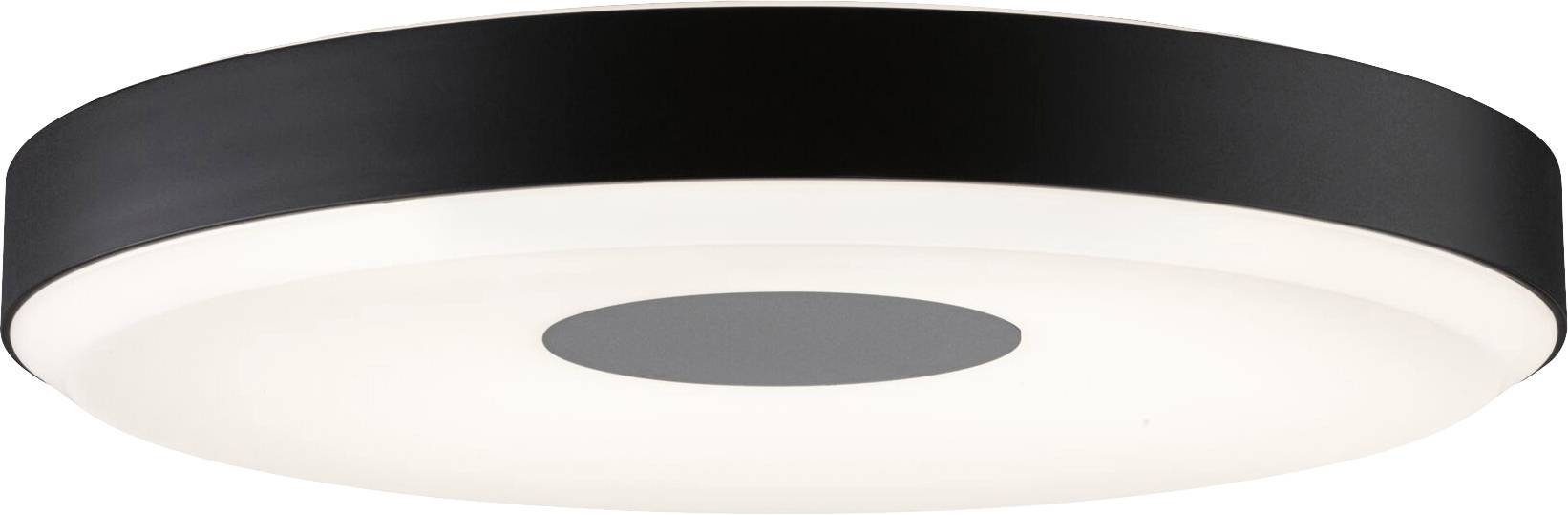Okrągła, czarna lampa sufitowa z białym pierścieniem świetlnym i szarą częścią środkową. Posiada nowoczesny, minimalistyczny design.