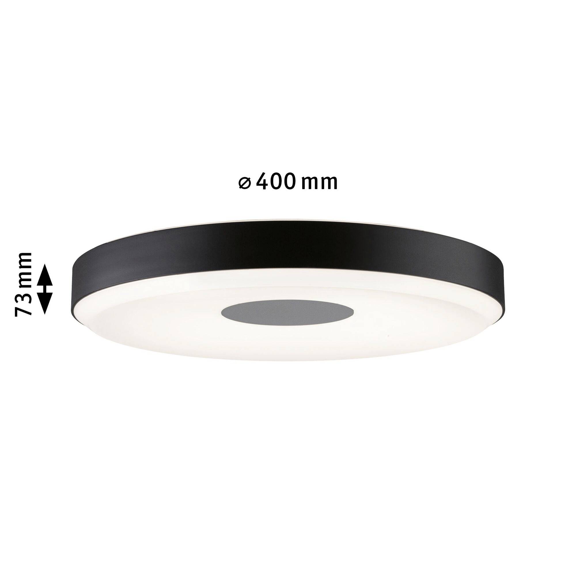 Czarna okrągła lampa sufitowa o wymiarach Ø 400 mm x 73 mm.