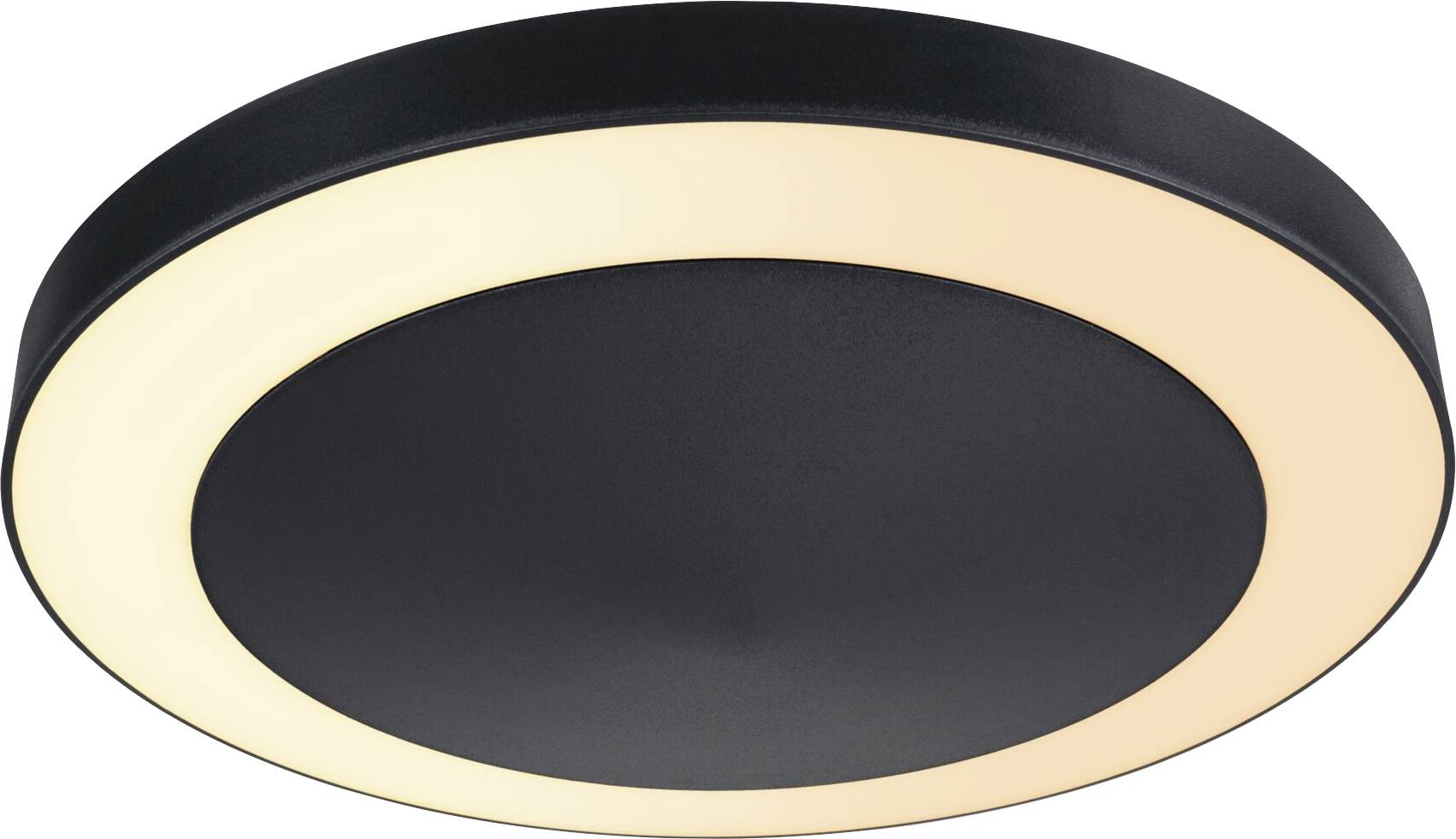 Okrągła czarna lampa sufitowa z podświetlaną krawędzią, idealna do nowoczesnych wnętrz.