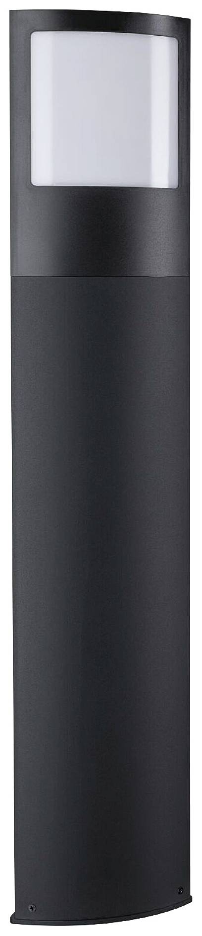Czarna, nowoczesna lampa zewnętrzna z prostokątnym panelem świetlnym w górnej części, przeznaczona do oświetlenia ogrodu lub ścieżki.
