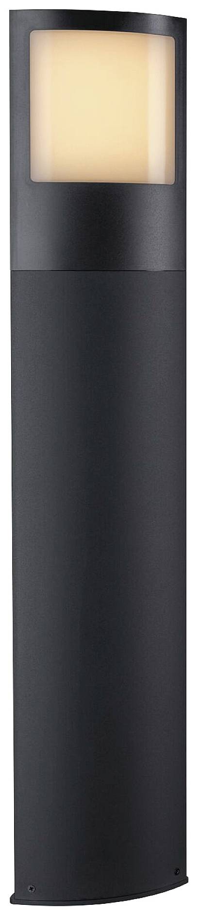 Czarna, nowoczesna lampa zewnętrzna o kształcie cylindrycznym z górną częścią świecącą, odpowiednia do oświetlania chodników lub ogrodów.