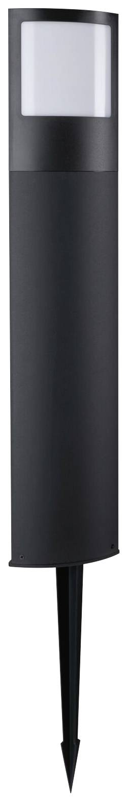 Czarna lampa ogrodowa w kształcie cylindra z kotwicą gruntową i prostokątnym oknem świetlnym u góry.