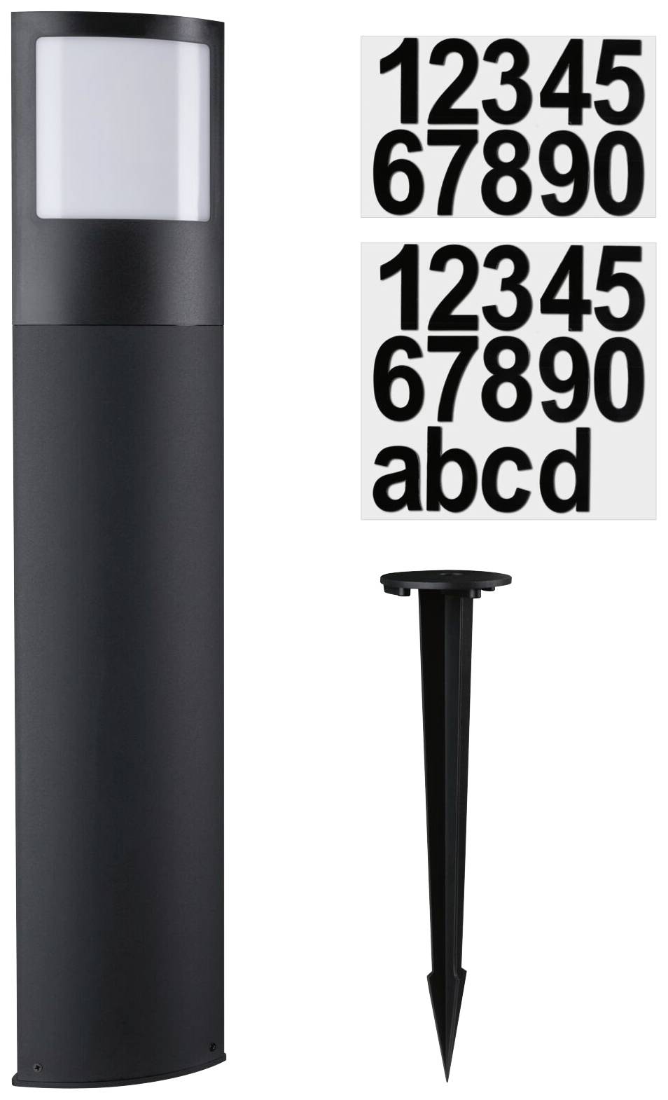 Czarna lampa zewnętrzna z dużą, prostokątną powierzchnią świetlną; obok naklejka z cyframi i literami oraz pręt mocujący.