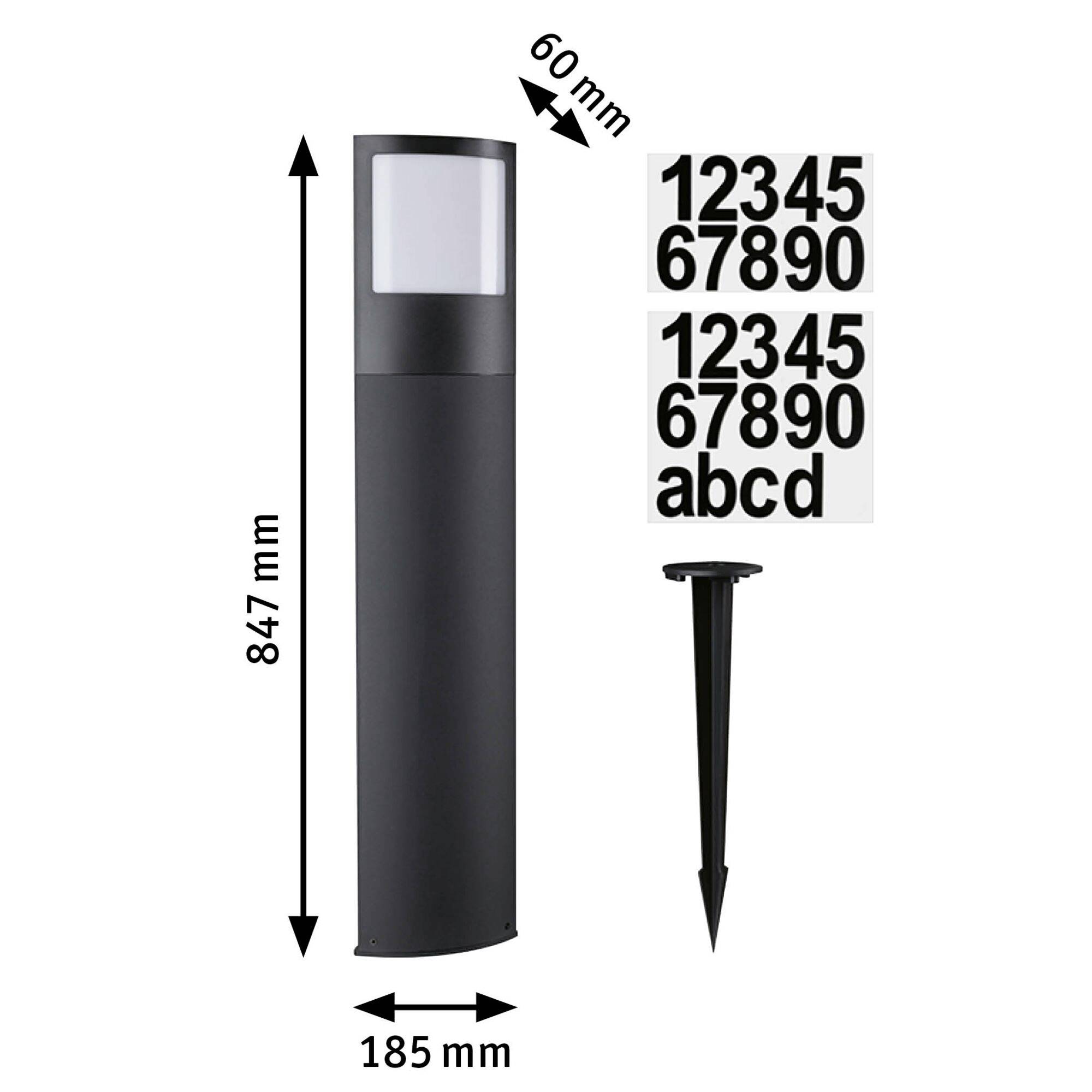 Czarna lampa stojąca z grotem do wbicia w ziemię. Wymiary: 847 mm wysokości, 185 mm szerokości, 60 mm grubości. W zestawie naklejki z cyframi i literami.