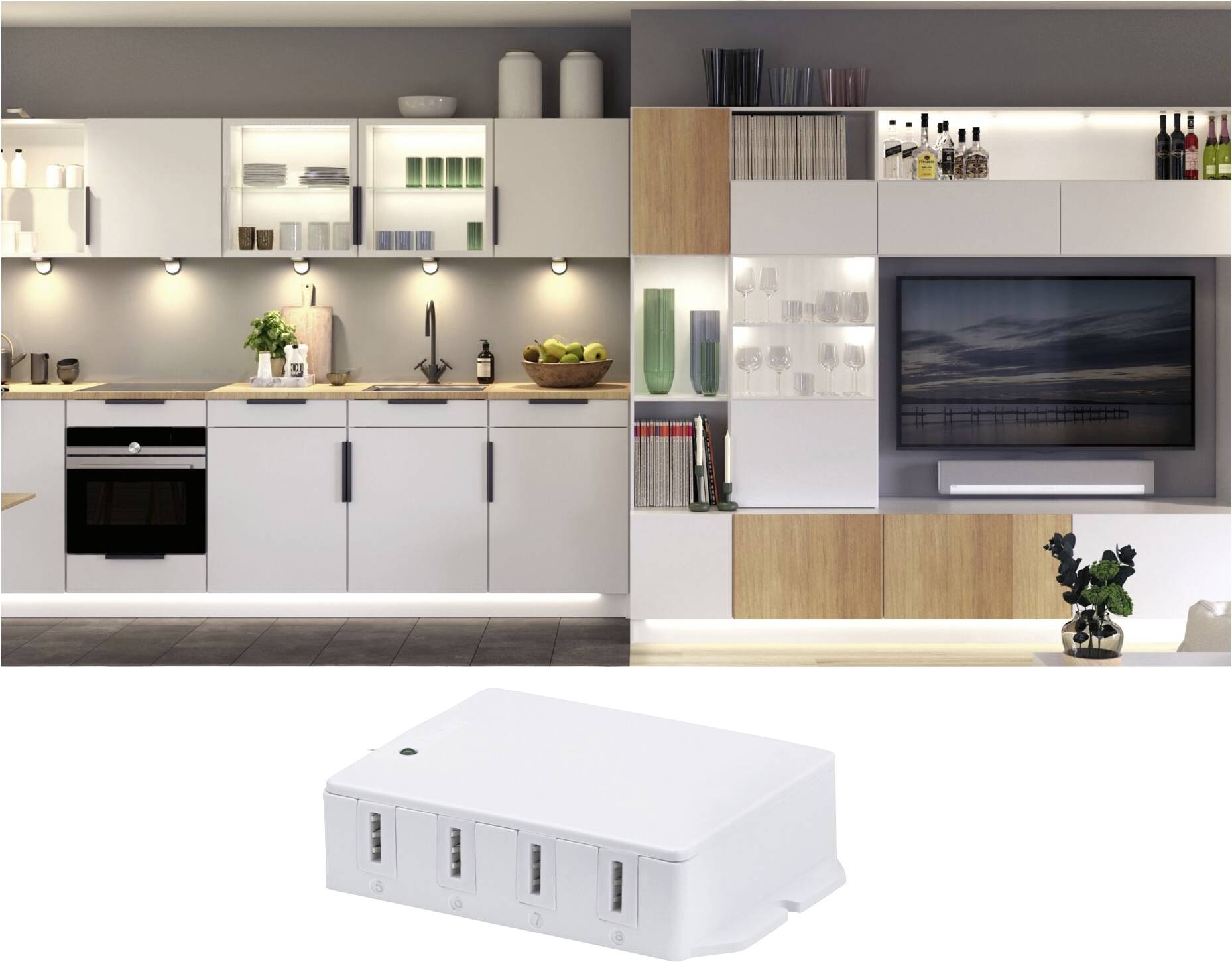 Nowoczesna kuchnia z zintegrowanym systemem oświetlenia. Białe szafki, stylowe dekoracje i ładowarka USB na pierwszym planie.