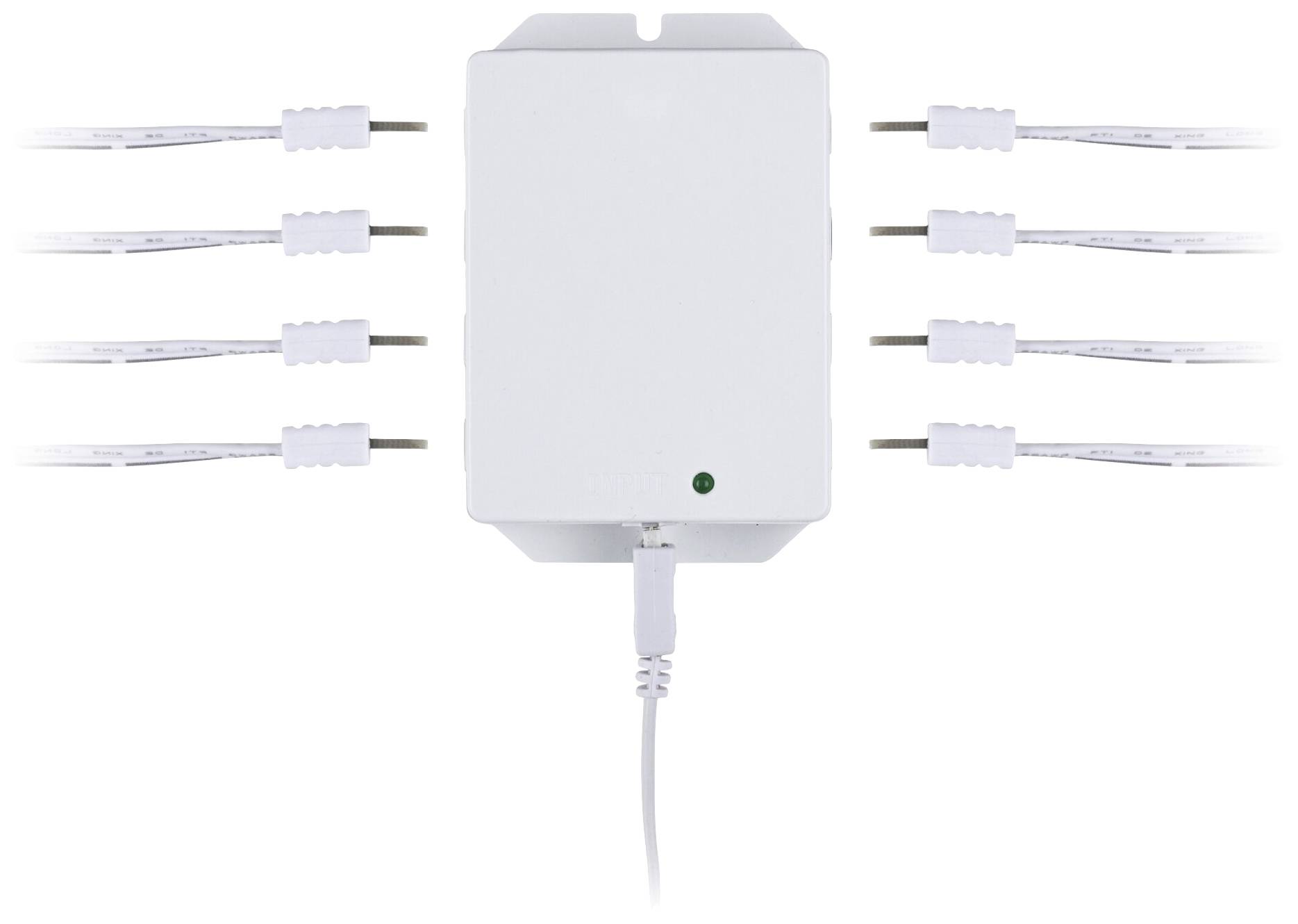 Biały adapter zasilający z centralnym złączem i sześcioma kablami rozchodzącymi się w lewo i w prawo.