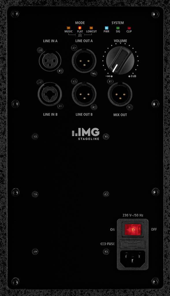 Tylna strona głośnika z wejściami Line A i B, złączami XLR, regulatorem głośności i włącznikiem zasilania z lampką kontrolną.